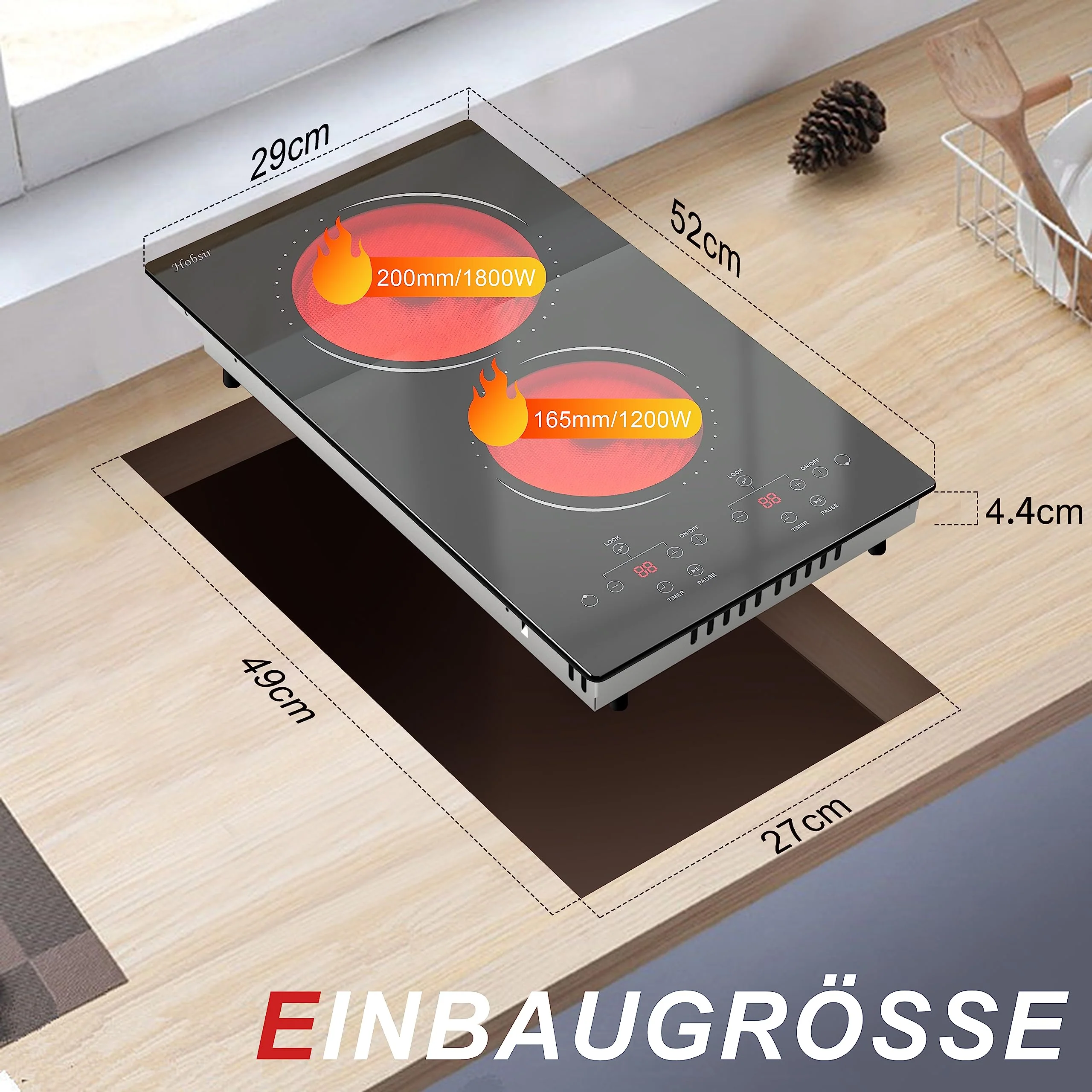 Glaskeramikkochfeld 2 Zonen mit Stecker, Hobsir Einbau Kochfelder 30cm, 3000W, Touch-Steuerung, Doppelte Zone, 9 Heizstufen, Sicherheitssperre, Zeitschaltuhr - Image 7