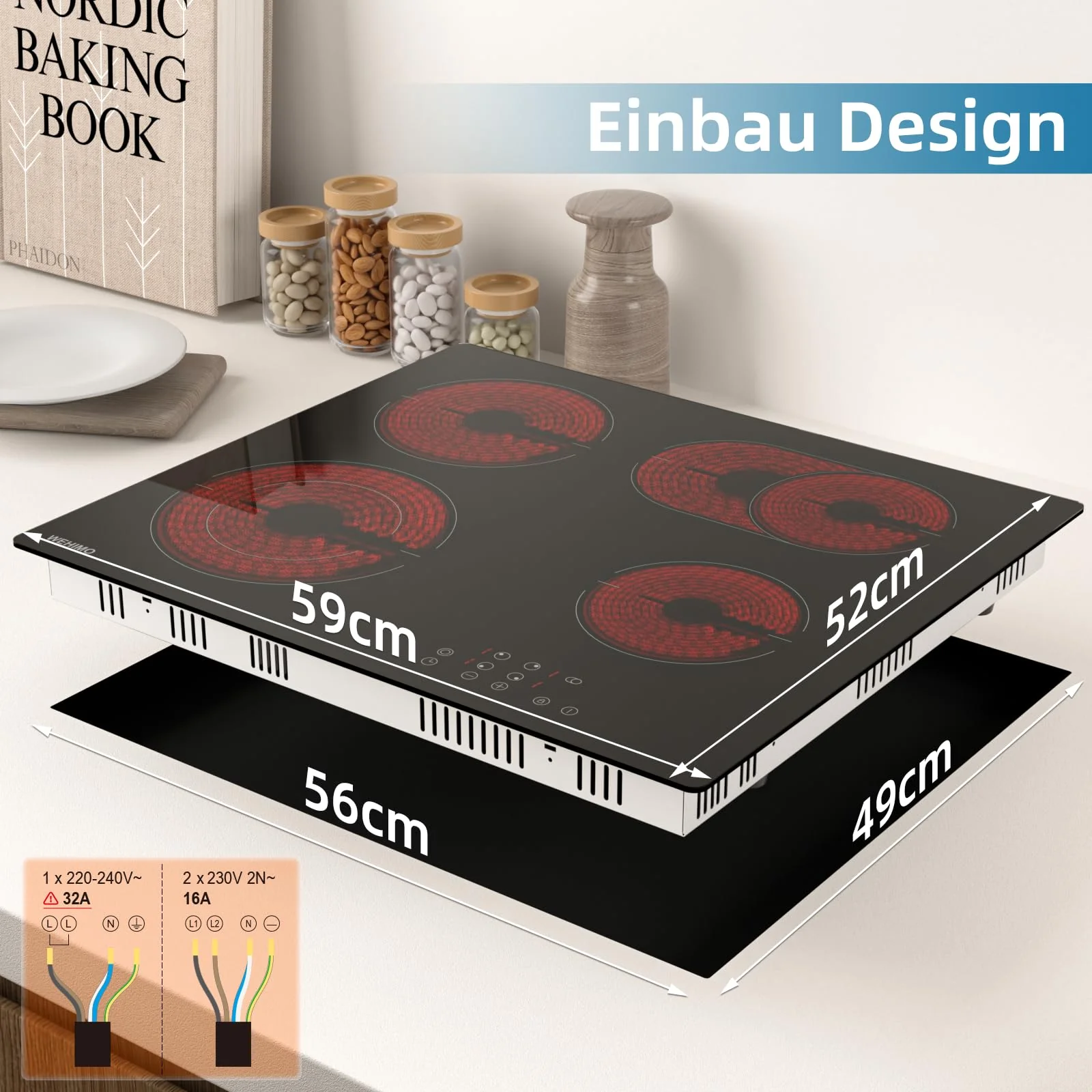 Glaskeramikkochfeld, WEHIMO Glaskeramikkochfeld 4 platten, 59cm, 7200W, 4 Kochzonen (2200W+2000W+1800W+1200W), 9 Heizstufen, Berührungssteuerung, Kindersicherung, Timer, Geeignet für Alle Töpfe - Image 2