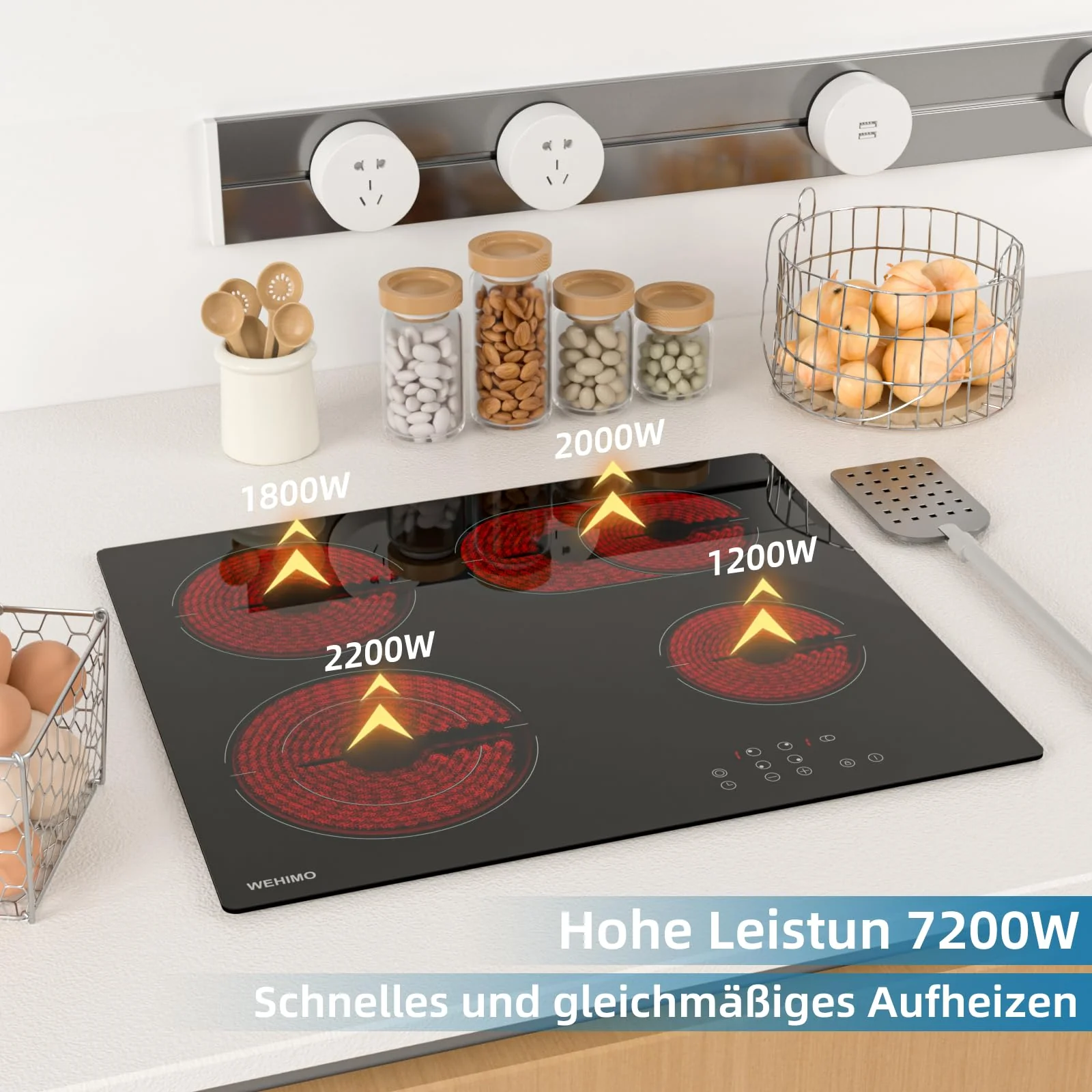 Glaskeramikkochfeld, WEHIMO Glaskeramikkochfeld 4 platten, 59cm, 7200W, 4 Kochzonen (2200W+2000W+1800W+1200W), 9 Heizstufen, Berührungssteuerung, Kindersicherung, Timer, Geeignet für Alle Töpfe - Image 4