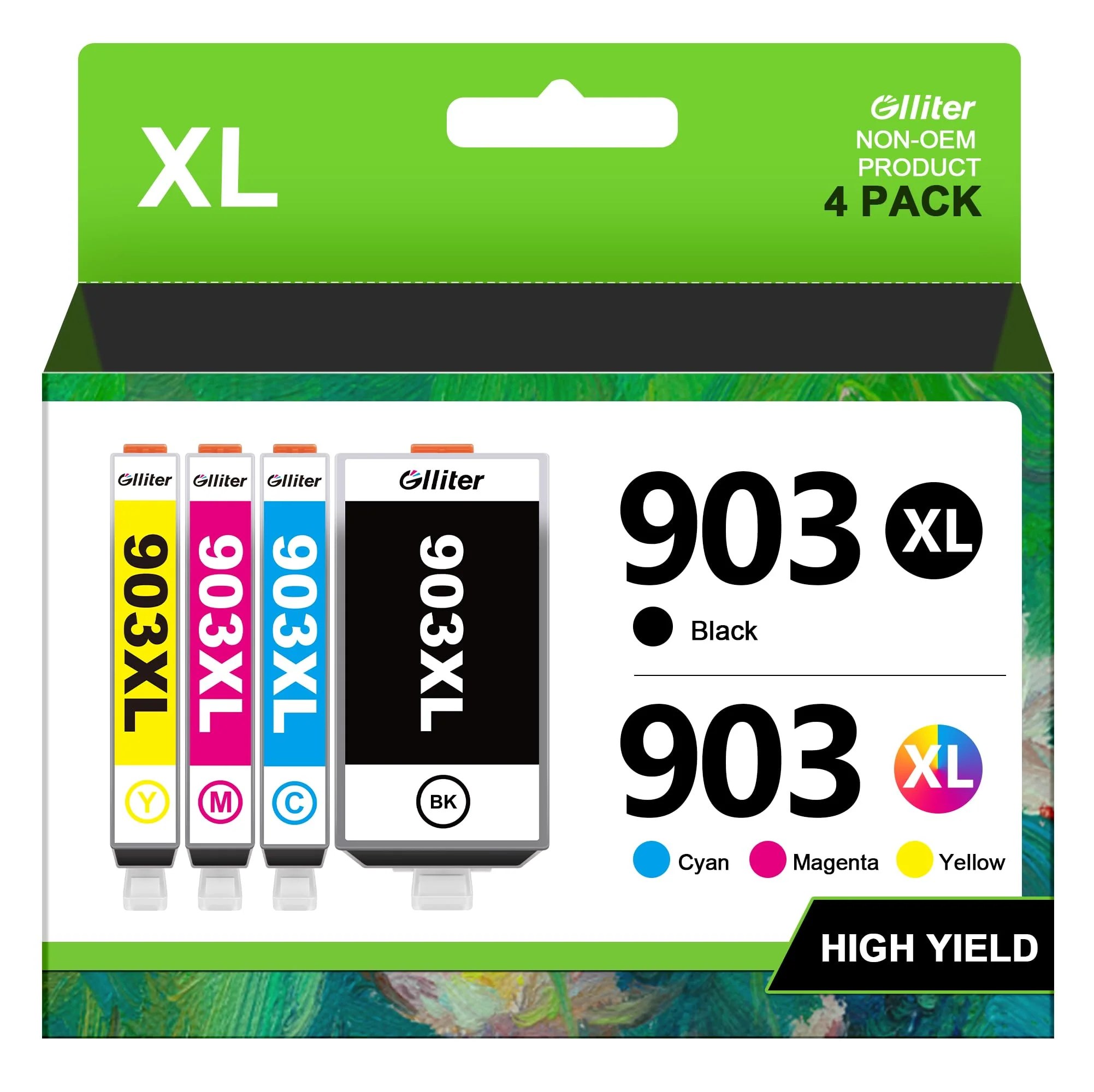 Glliter 903XL Multipack für HP 903 Druckerpatronen für HP 903 XL Kompatibel mit HP Officejet 6950 Druckerpatronen für HP Officejet Pro 6970 Patronen (Schwarz Cyan Magenta Gelb, 4er-Pack)