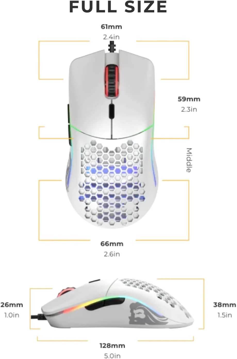 Glorious Gaming Model O Wired Gaming Mouse – superleichtes Wabendesign mit 67 g, RGB-Beleuchtung, Pixart 3360 Sensor, Omron-Schaltern, beidhändig – Mattweiß - Image 4
