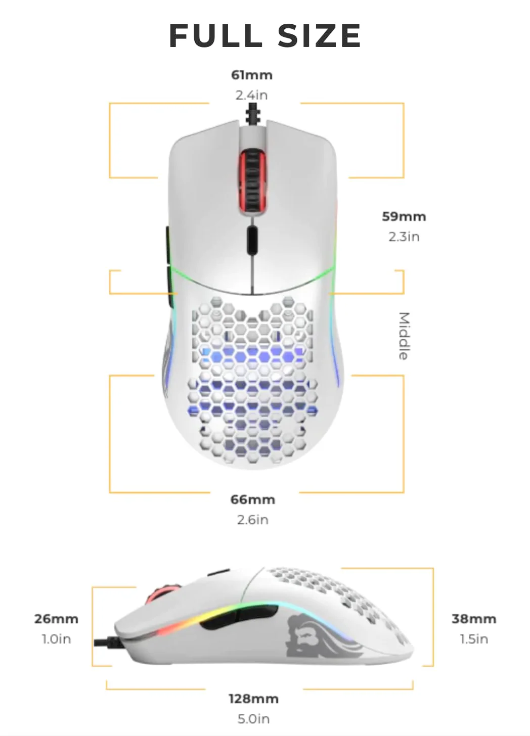 Glorious Gaming Model O Wired Gaming Mouse – superleichtes Wabendesign mit 67 g, RGB-Beleuchtung, Pixart 3360 Sensor, Omron-Schaltern, beidhändig – Mattweiß - Image 5