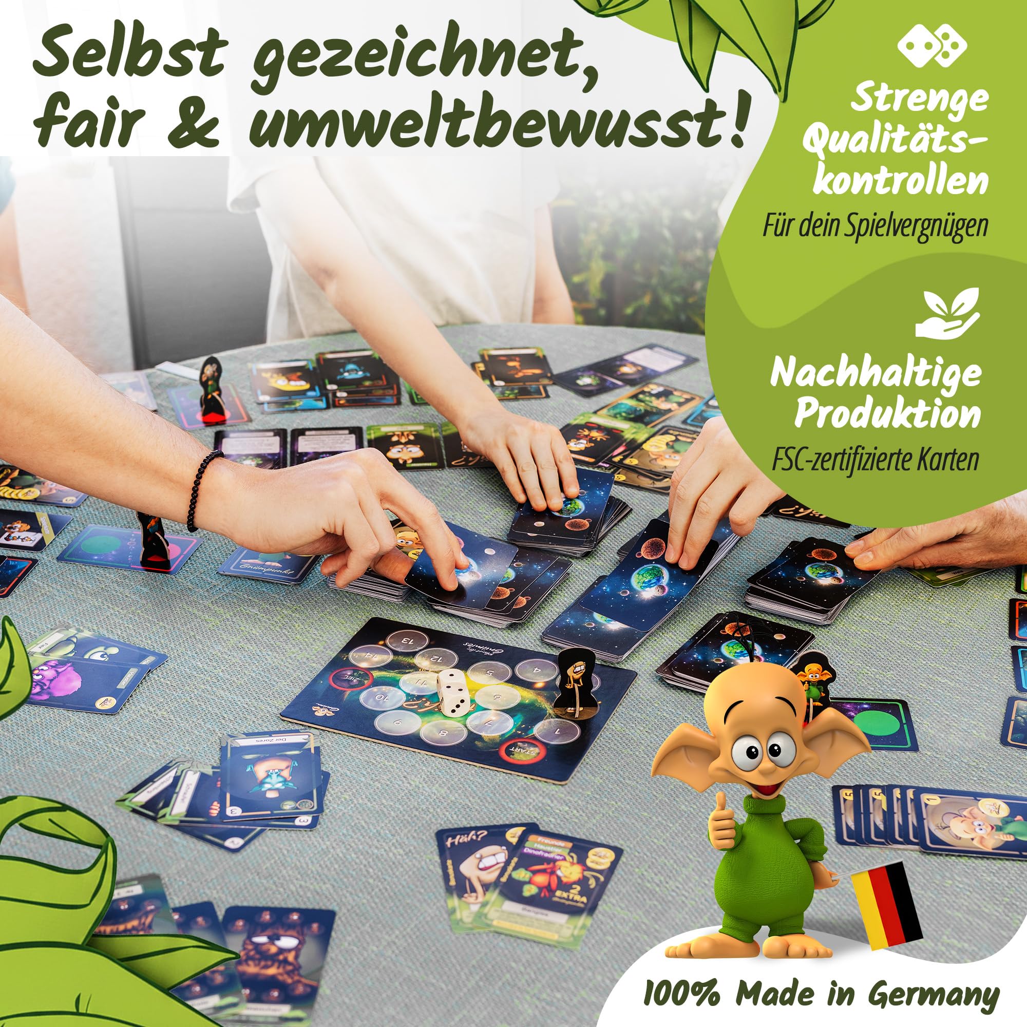 Gnüm – Planet der Gnümies | Familienspiel für 2-4 Spieler ab 8 Jahren | 3 Würfel, 5 Stanzfiguren & 297 Karten | Karten-, Würfel- und Strategiespiel | über 200 superlustige Lebewesen - handgezeichnet - Image 4