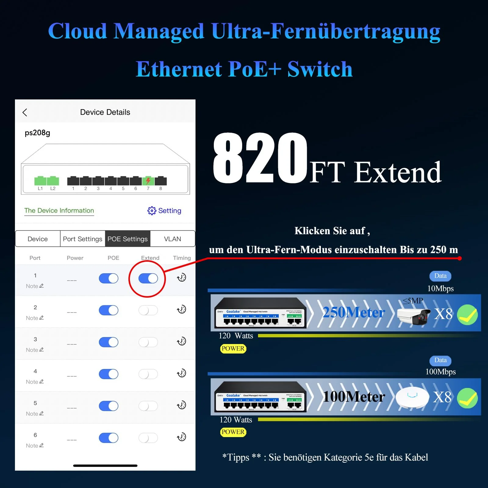Goalake 8 Port Poe Switch, Cloud Managed Ethernet Switch, 10 Ports PoE+ Switch @120W, 802.3af/at, APP Easy Smart Managed, Cloud Detection, Vlan, Cloud Restart, Cloud Ultraremote to 250M, 802.3af/at - Image 3