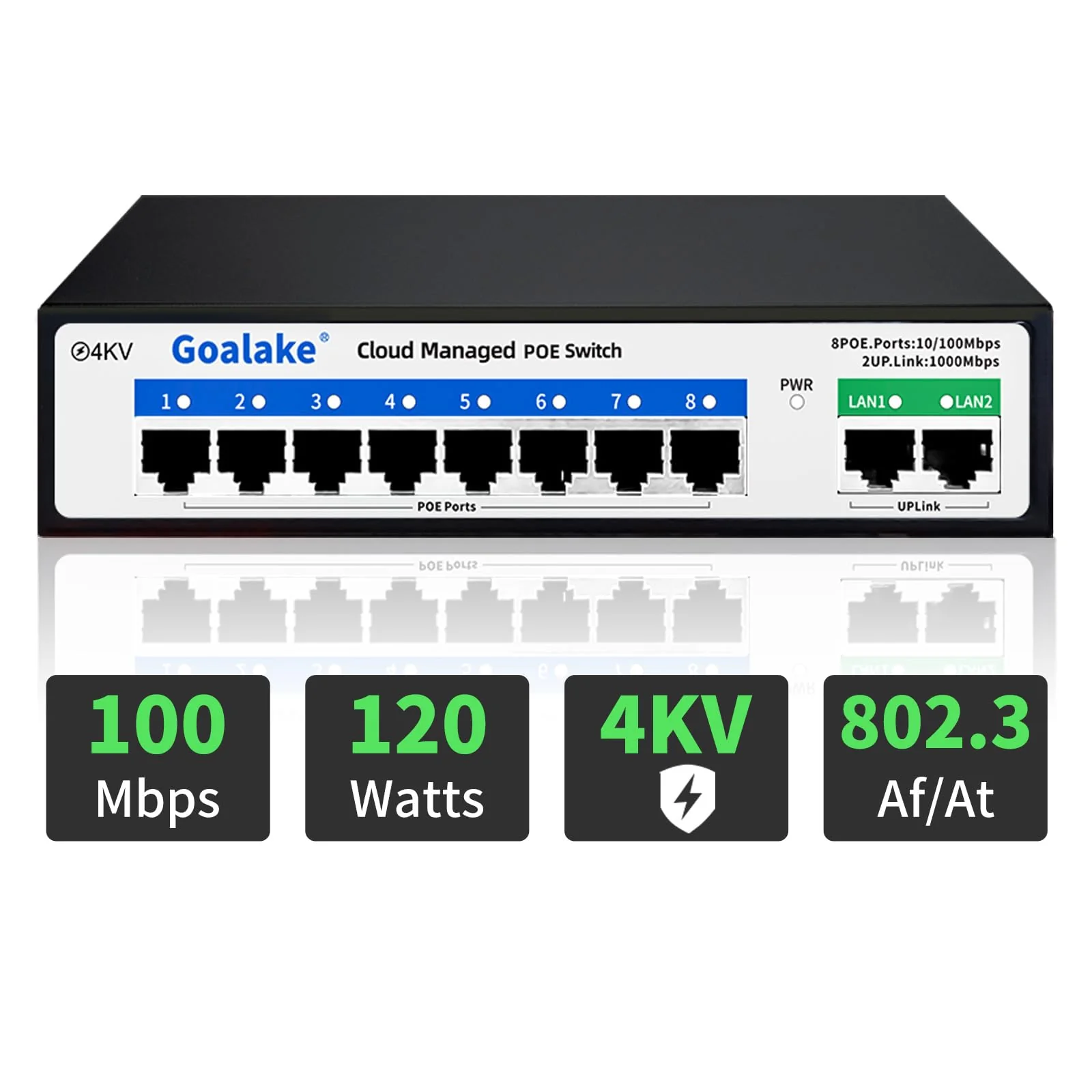 Goalake 8 Port Poe Switch, Cloud Managed Ethernet Switch, 10 Ports PoE+ Switch @120W, 802.3af/at, APP Easy Smart Managed, Cloud Detection, Vlan, Cloud Restart, Cloud Ultraremote to 250M, 802.3af/at - Image 4