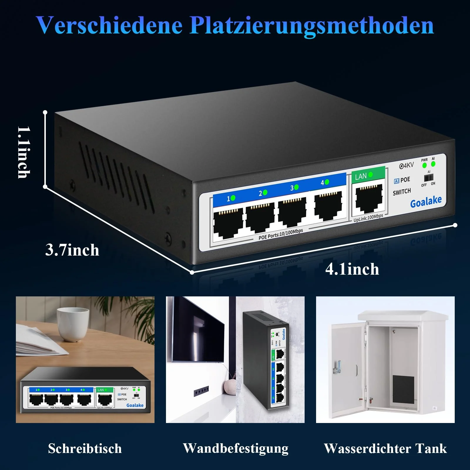 Goalake PoE+ Switch 5 Port 100Mbps (4 PoE Ports + 1 Uplink), 802.3af/at, 52W für alle PoE Ports, AI erweitert auf 250m, ideal für IP-Überwachung und Access Point, Desktop/Wandhalterung (Unmanaged) - Image 2