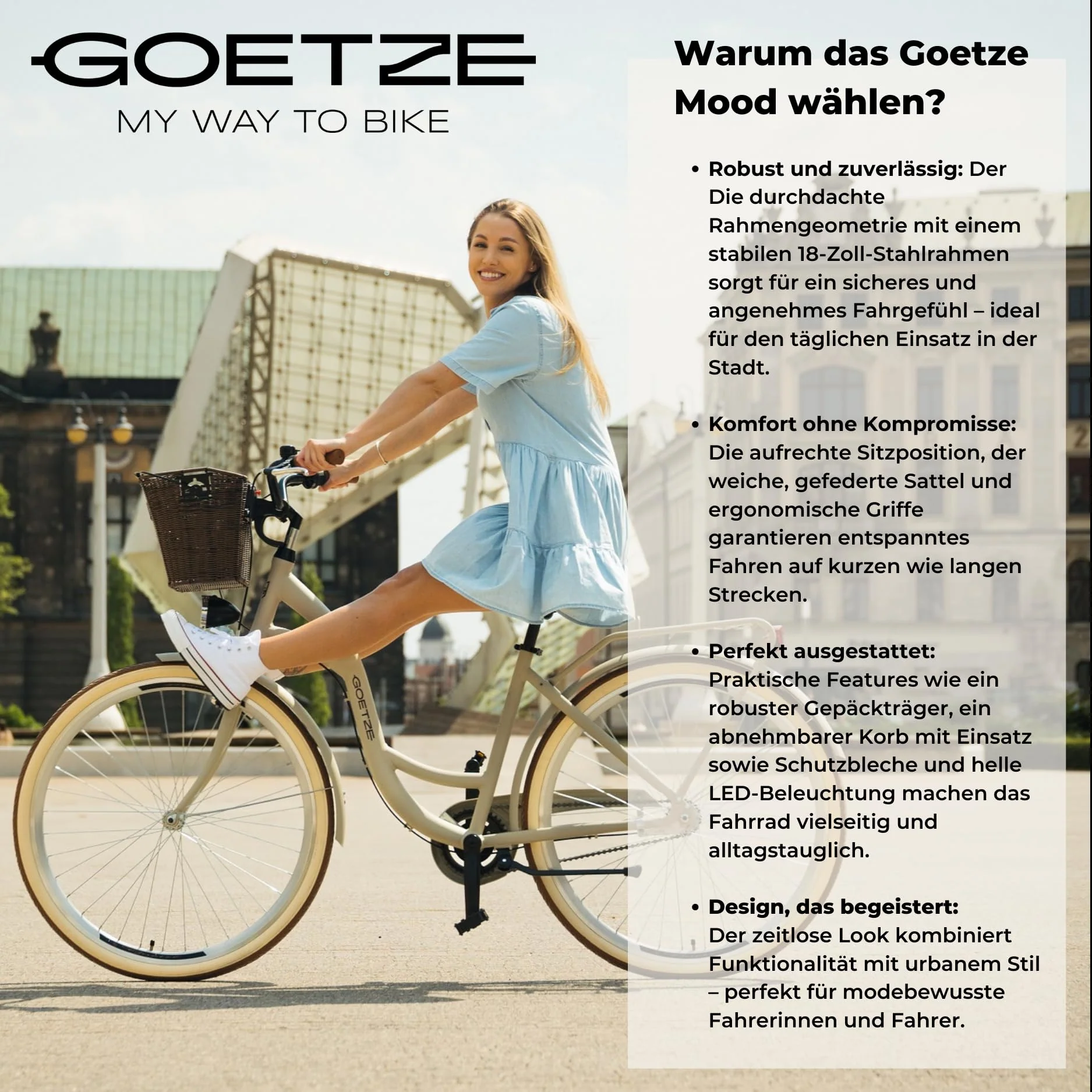 Goetze Mood 26 Zoll Damen Citybike, 17 Zoll Tiefeinsteiger Rahmen, 6-Gang Kettenschaltung, V-Bremse, LED-Beleuchtung, Gepäckträger, Komfortsattel, Schutzbleche, Rattankorb mit Stoffeinsatz! - Image 3