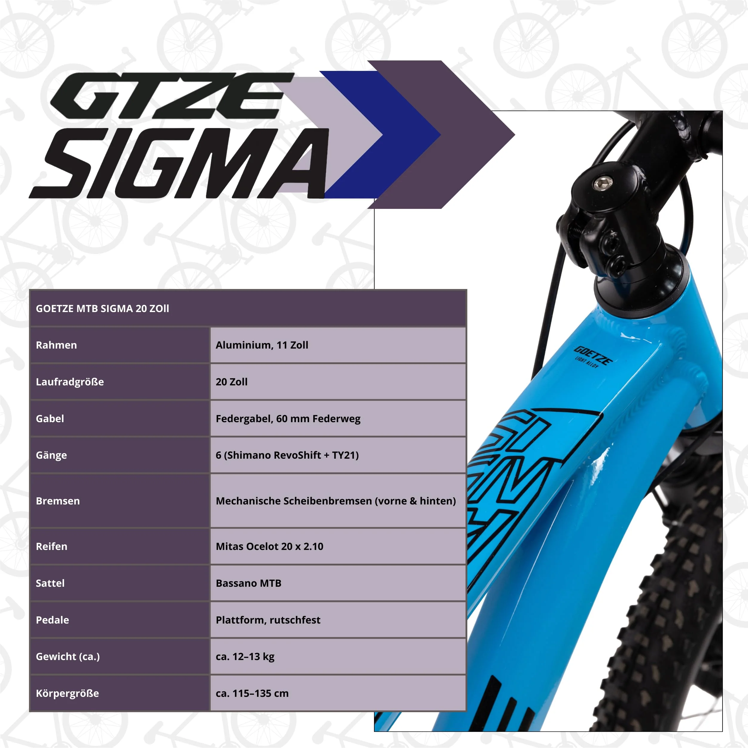 Goetze Sigma 20 x 2.10 Zoll Kinderfahrrad | MTB Hardtail | 6-Gang Kettenschaltung mit Drehgriff | Mechanische Scheibenbremsen | Aluminiumrahmen 11" | Federgabel | ab 115 cm Körpergröße - Image 3