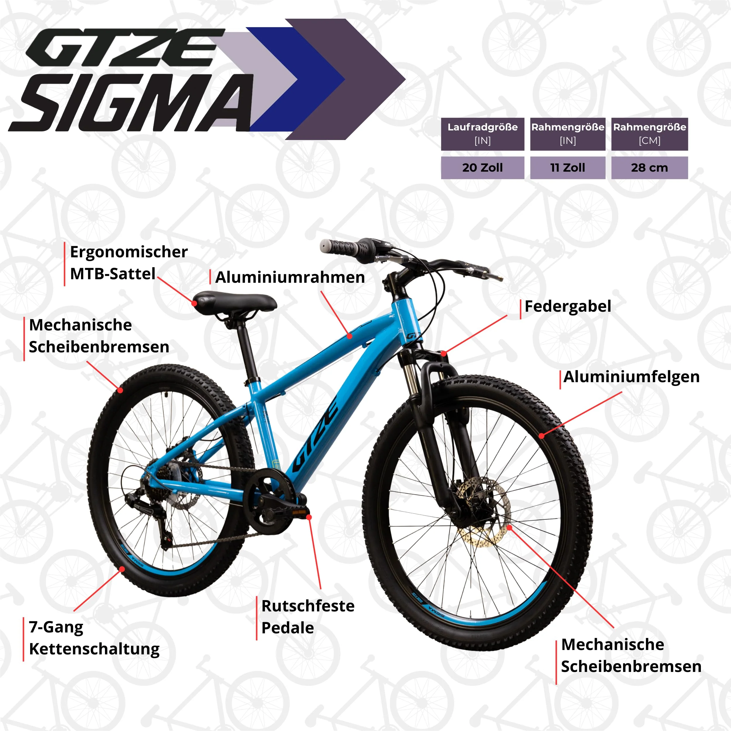 Goetze Sigma 20 x 2.10 Zoll Kinderfahrrad | MTB Hardtail | 6-Gang Kettenschaltung mit Drehgriff | Mechanische Scheibenbremsen | Aluminiumrahmen 11" | Federgabel | ab 115 cm Körpergröße - Image 5