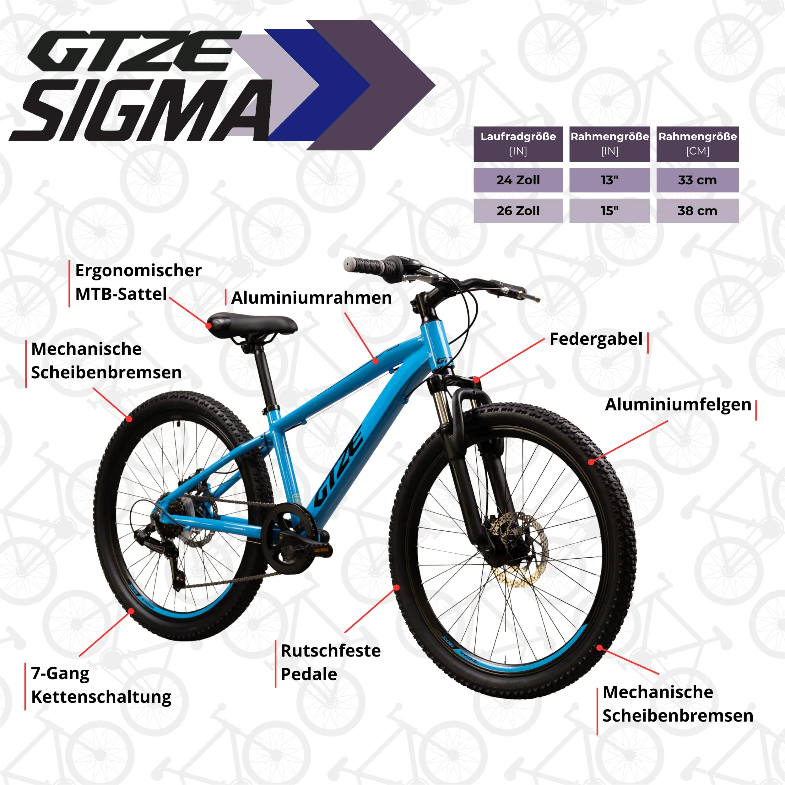 Goetze Sigma 26 x 2.10 Zoll Jugendfahrrad | MTB Hardtail | 7-Gang Kettenschaltung mit Drehgriff | Mechanische Scheibenbremsen | Aluminiumrahmen 15" | Federgabel | ab 145 cm Körpergröße - Image 5