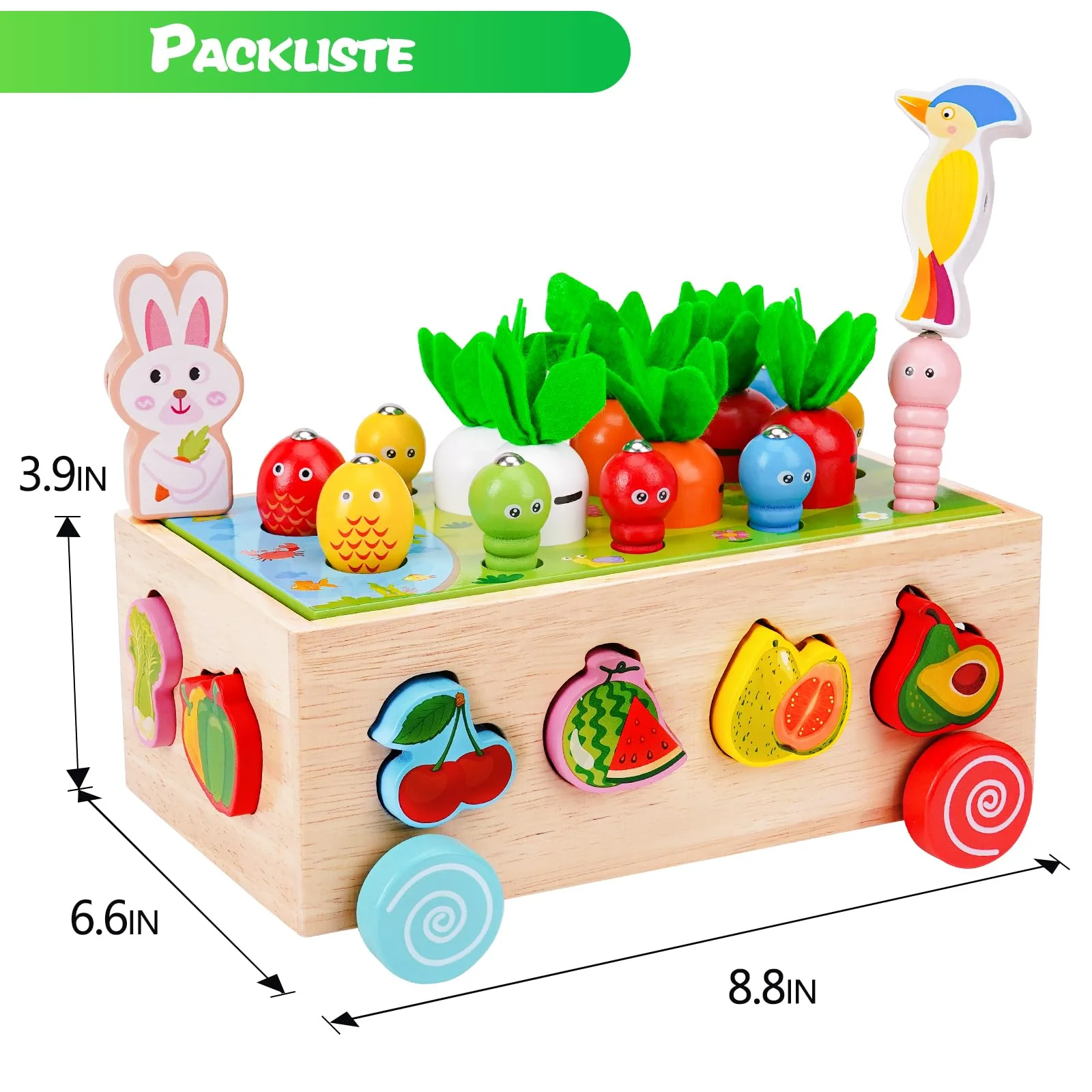 Goffii Montessori Spielzeug, Kinder Baby 8-in-1 Holzspielzeug, Bauernhof Autos, Karotten ernten Sortier Stapelspielzeug, Hand Auge Koordination Motorikspielzeug ab 3 4 5 Jahr Mädchen Jungen Geschenk - Image 6