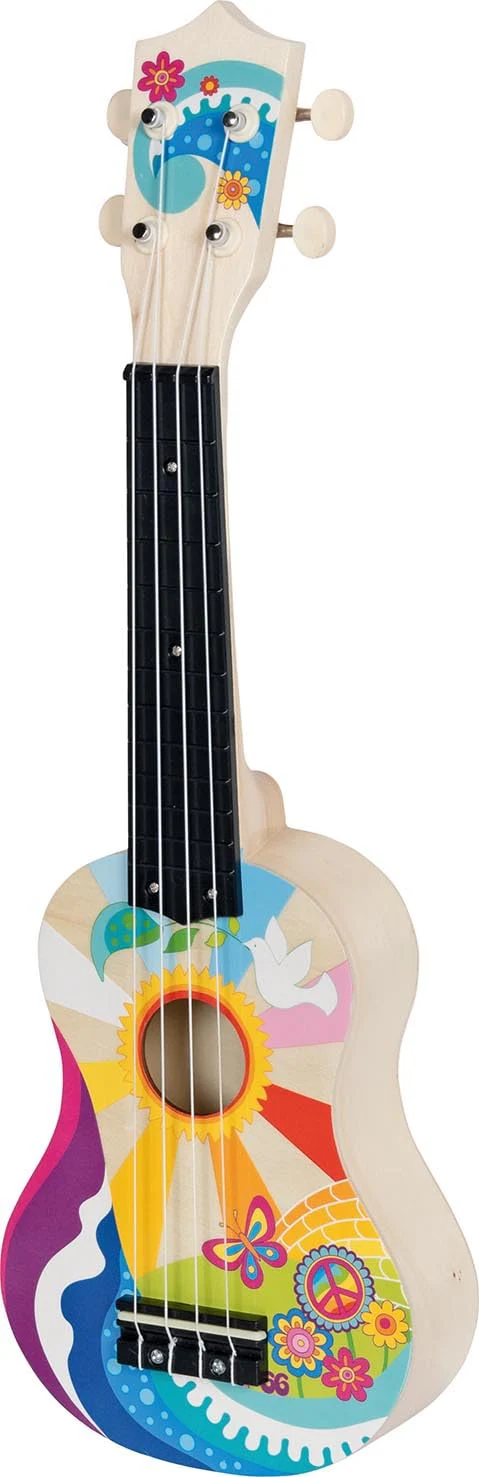 goki 61847 Ukulele Flower Power – Kinder-Ukulele aus Holz, 53 cm, 4 Saiten, Retro Musikinstrument im 60er-Jahre Design, mit Plektron & Ersatzsaiten, buntes Lerninstrument ideal für Anfänger
