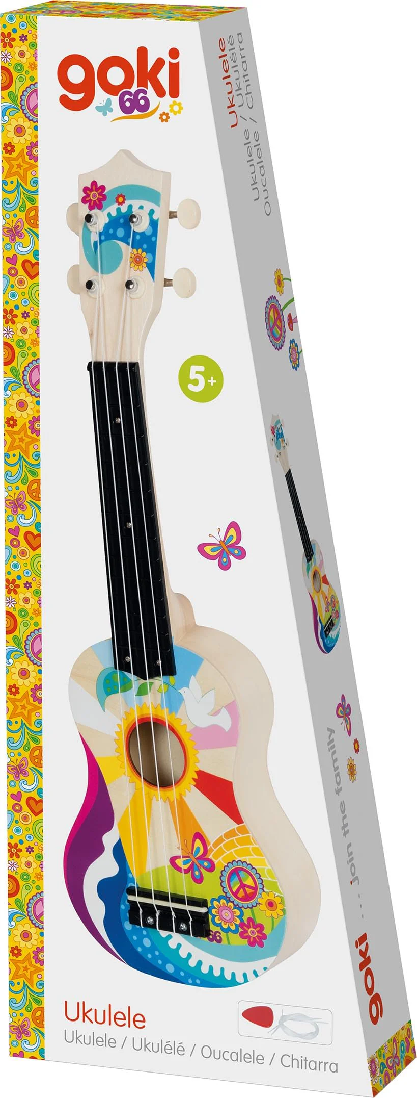 goki 61847 Ukulele Flower Power – Kinder-Ukulele aus Holz, 53 cm, 4 Saiten, Retro Musikinstrument im 60er-Jahre Design, mit Plektron & Ersatzsaiten, buntes Lerninstrument ideal für Anfänger - Image 2