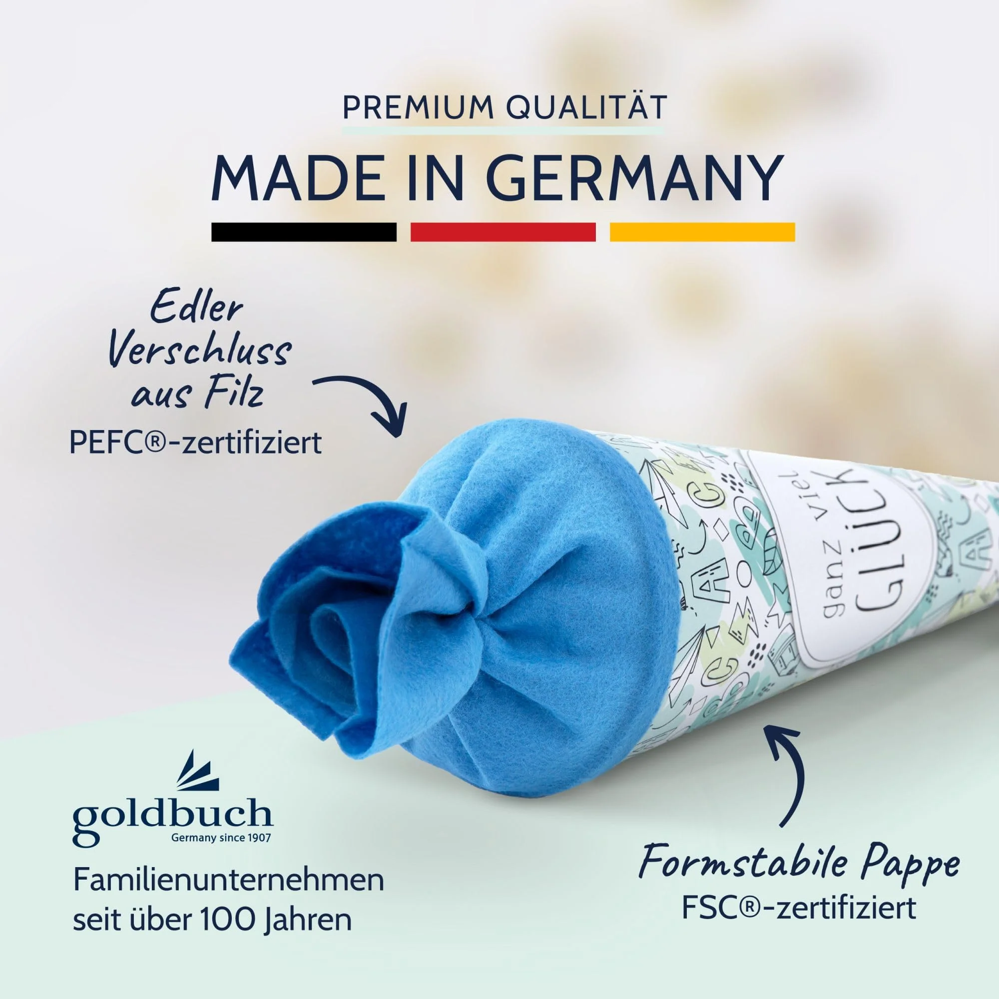goldbuch 93 216 Geschwistertüte ganz viel Glück, Schultüte mit Skizzen-Muster, Lackkarton, Geschenkverpackung mit blauem Filzverschluss (ohne Verschlussband), Zuckertüte rund, Länge 35 cm, Ø 11,5 cm - Image 5
