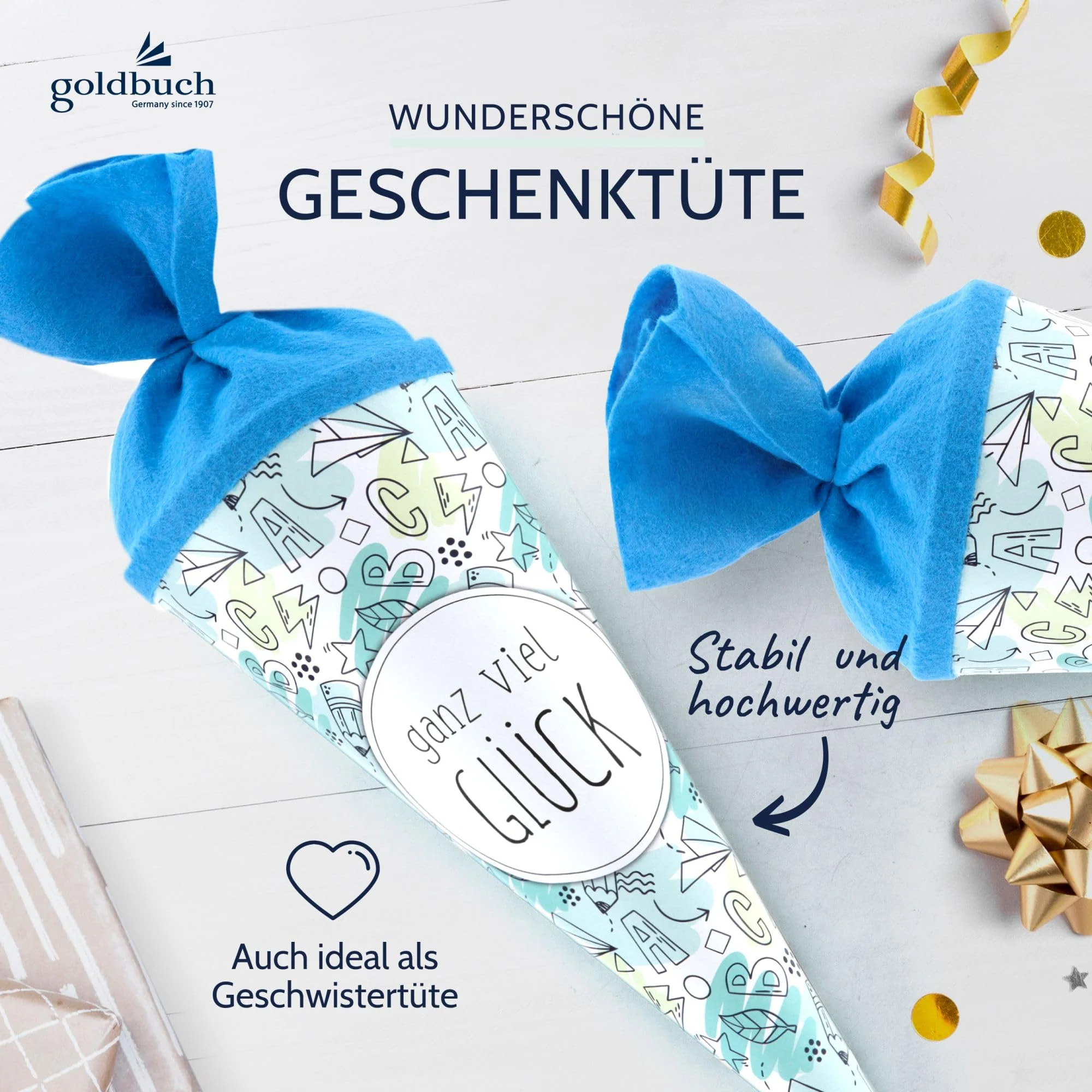 goldbuch 93 216 Geschwistertüte ganz viel Glück, Schultüte mit Skizzen-Muster, Lackkarton, Geschenkverpackung mit blauem Filzverschluss (ohne Verschlussband), Zuckertüte rund, Länge 35 cm, Ø 11,5 cm - Image 6