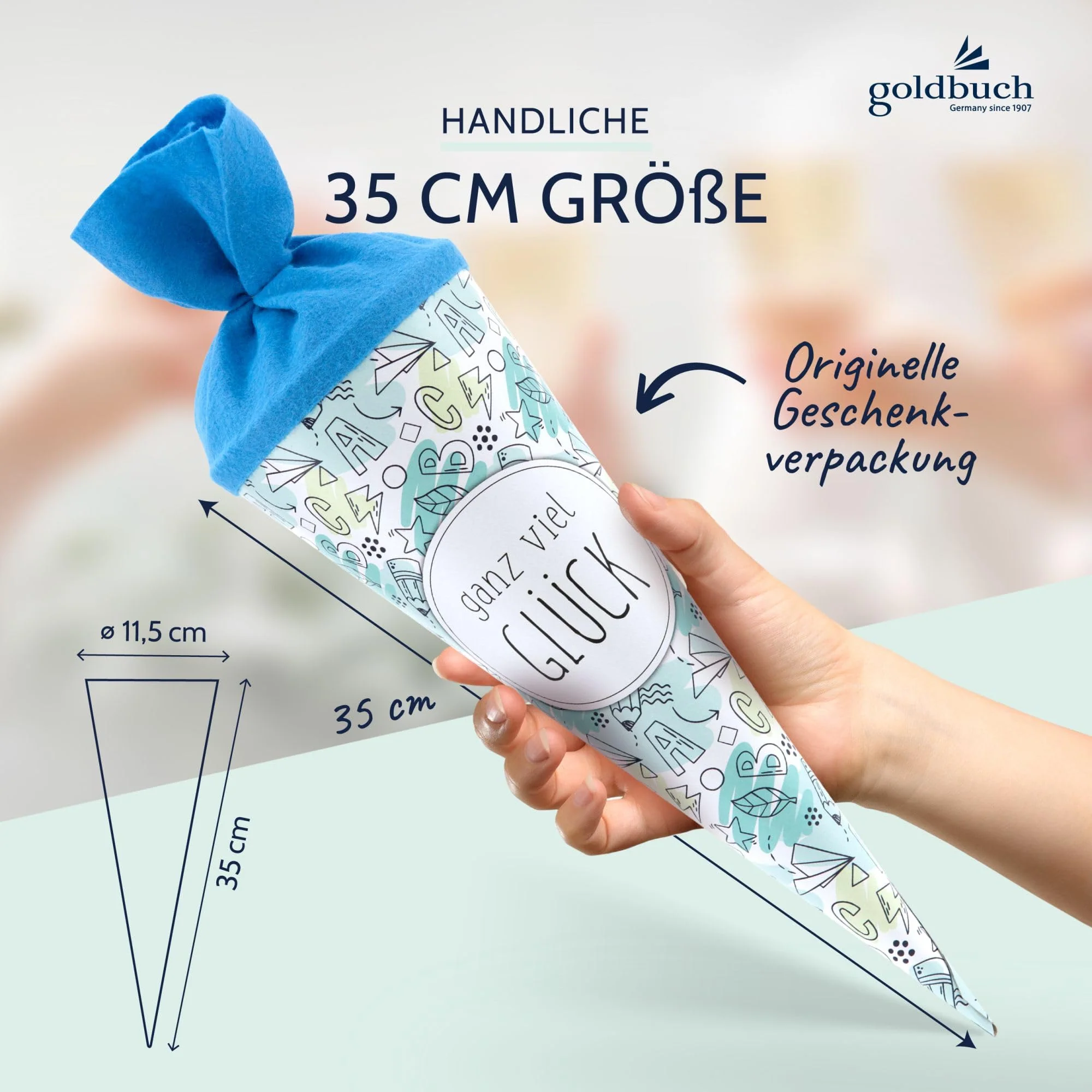 goldbuch 93 216 Geschwistertüte ganz viel Glück, Schultüte mit Skizzen-Muster, Lackkarton, Geschenkverpackung mit blauem Filzverschluss (ohne Verschlussband), Zuckertüte rund, Länge 35 cm, Ø 11,5 cm - Image 7