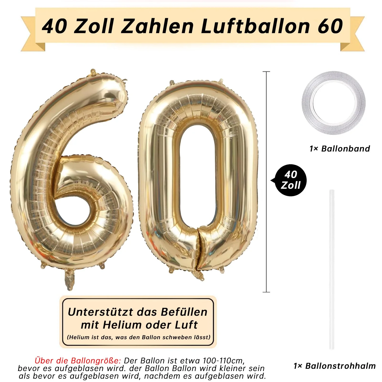 GoldRock XXL Luftballon 60 Geburtstag Deko Weißgold, 40 Zoll Ballon Deko 60 Geburtstag Frau Mann, Zahlen Luftballons Geburtstage 60, Geburtstagsdeko 60 Jahre,Folienballon 60 für Jubiläum,60 Luftballon - Image 7