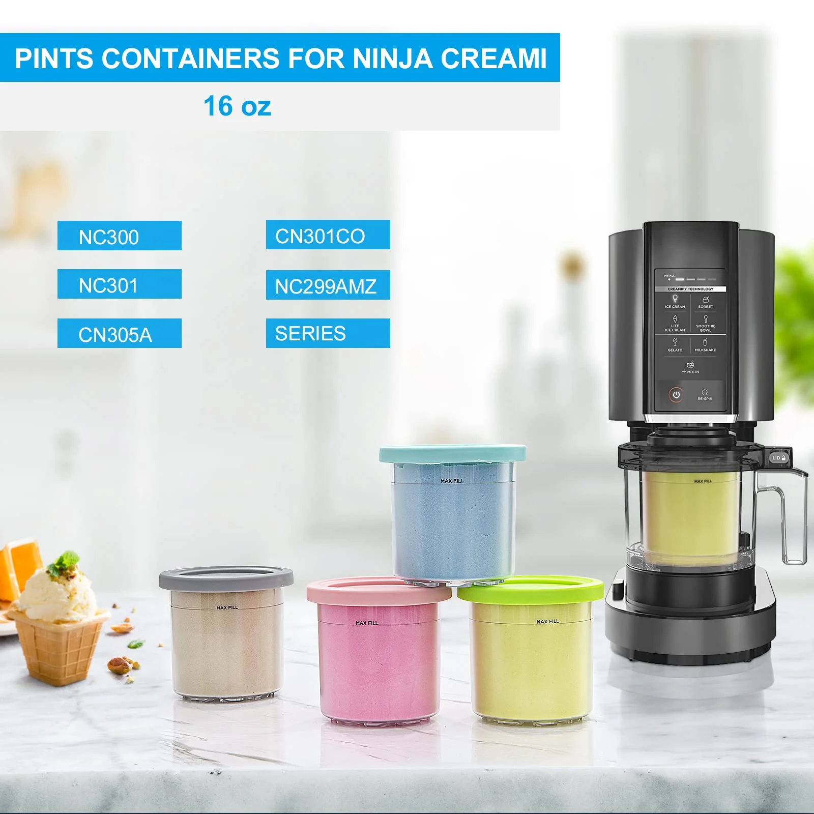 GoMaihe 4er-Set Creami Behälter für die Ninja Creami Eismaschine - Tubs Zubehör für NC301 NC300 NC299AMZ-Serie, BPA-frei, spülmaschinenfest, auslaufsicher - in Rosa, Grün, Grau und Blau - Image 5