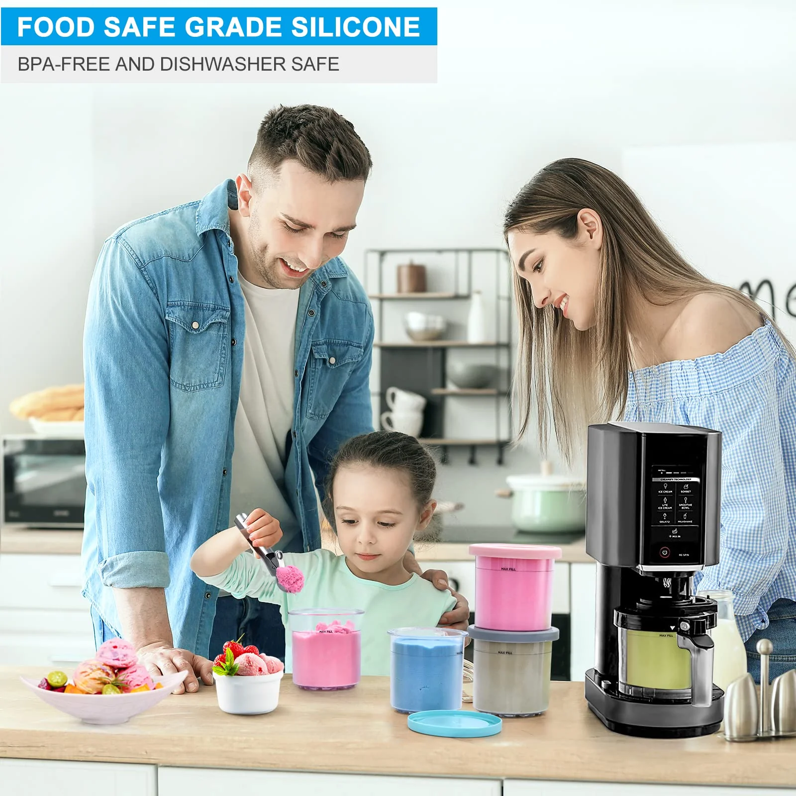 GoMaihe 4er-Set Creami Behälter für die Ninja Creami Eismaschine - Tubs Zubehör für NC301 NC300 NC299AMZ-Serie, BPA-frei, spülmaschinenfest, auslaufsicher - in Rosa, Grün, Grau und Blau - Image 6
