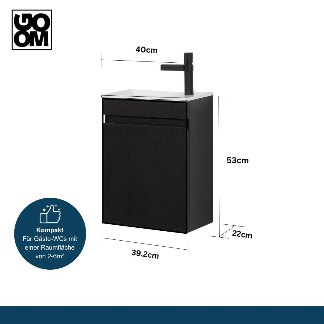 GOOM Gäste-WC Waschtisch Set 40 cm Badmöbel Vormontiert Klein Waschbecken mit Unterschrank (Schwarz) - Image 2