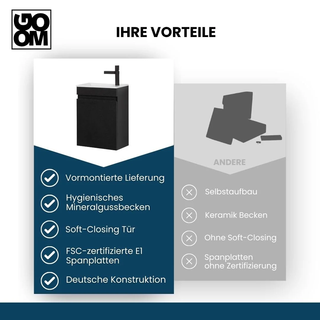 GOOM Gäste-WC Waschtisch Set 40 cm Badmöbel Vormontiert Klein Waschbecken mit Unterschrank (Schwarz) - Image 3