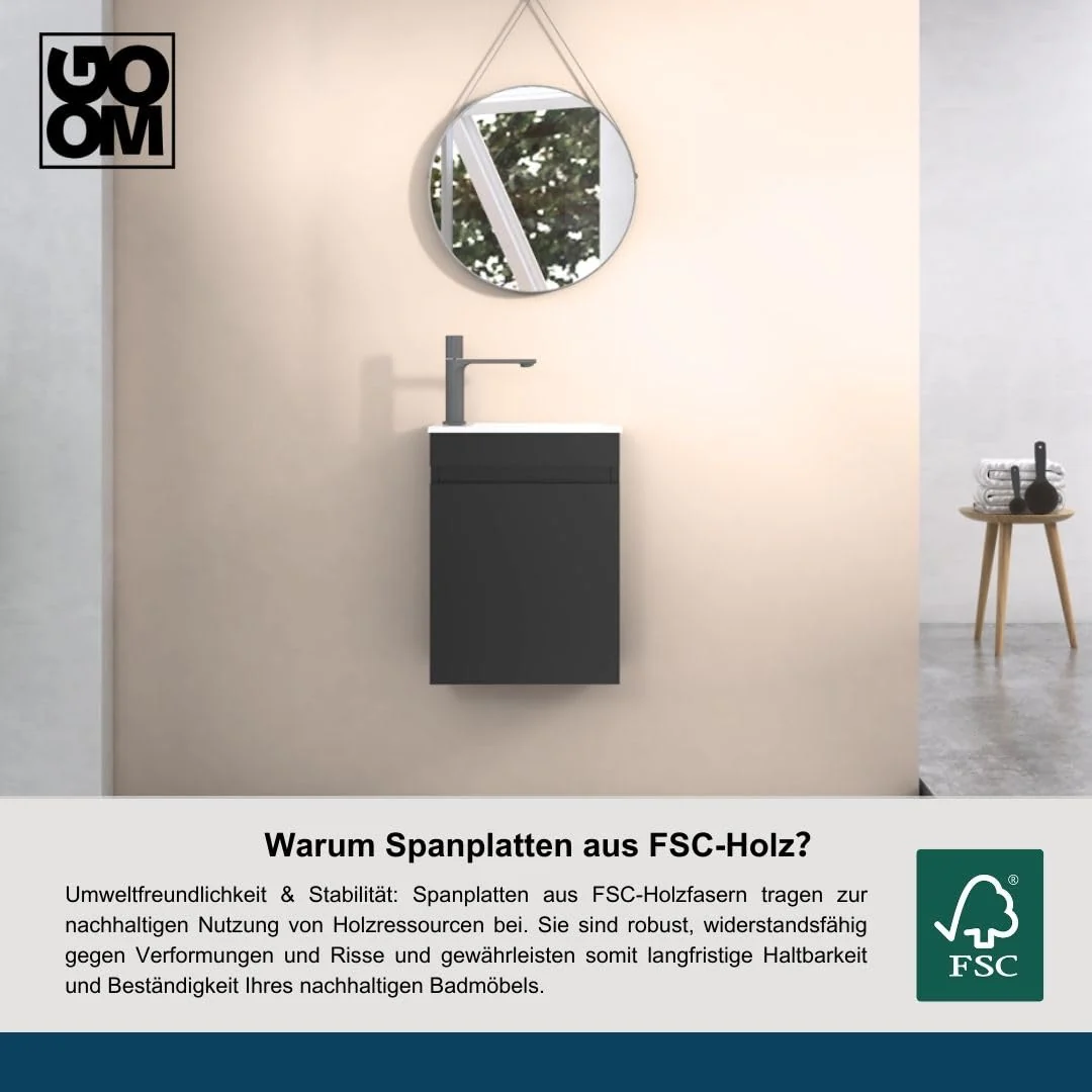 GOOM Gäste-WC Waschtisch Set 40 cm Badmöbel Vormontiert Klein Waschbecken mit Unterschrank (Schwarz) - Image 5