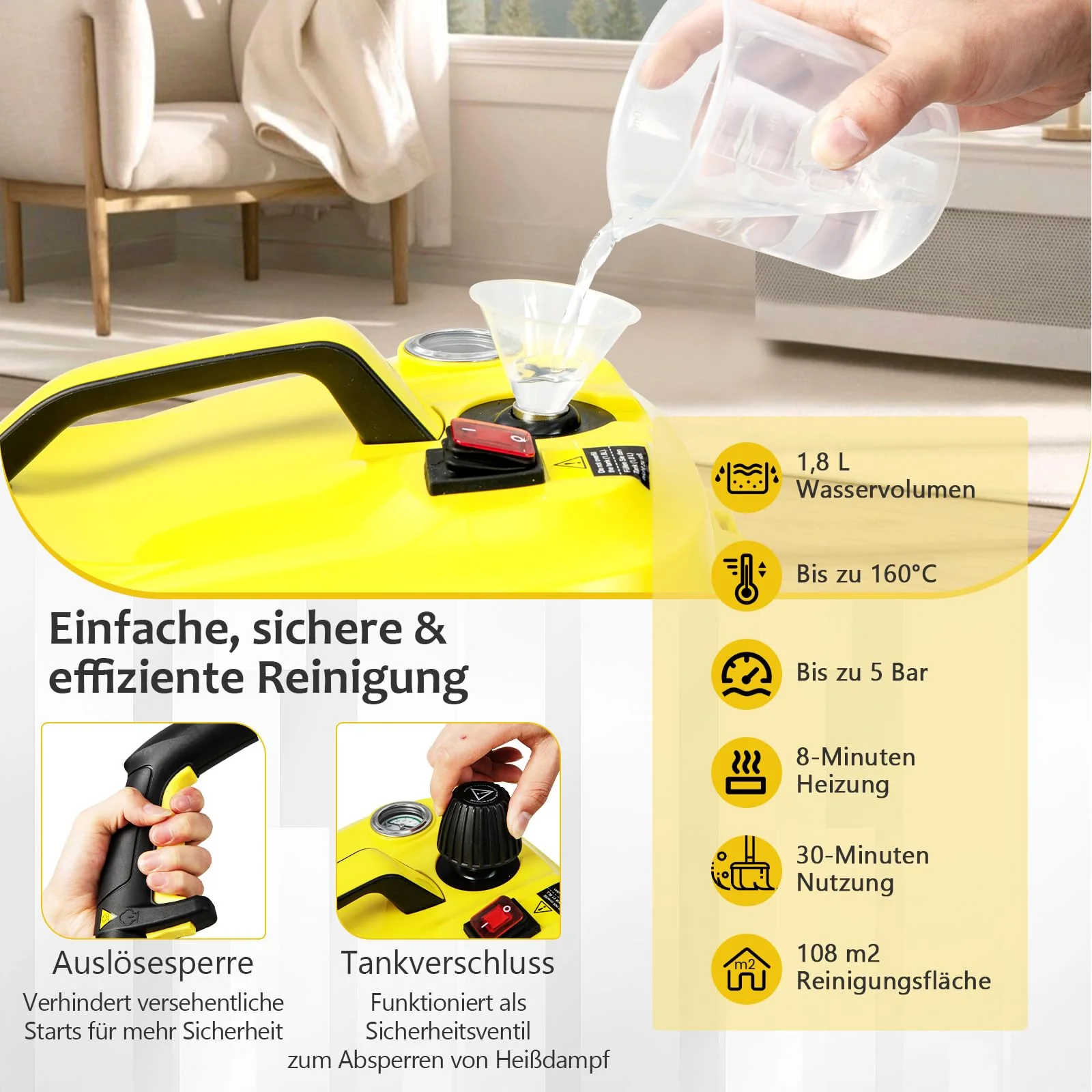 GOPLUS Dampfreiniger, Flächenleistung: 108 m², Dampfdruck: 5 bar, 1,8 L Wassertank, Aufheizzeit: 8 min., 2000W, mit Bodenreinigungsset, Düsen und Bezüge, Dampfreiniger für Alles - Image 5