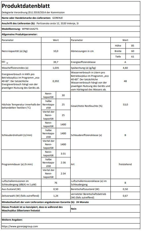 Gorenje WPNEI14A2TS Waschmachine mit Dampffunktion/ConnectLife / 10Kg / 1400 U/min / 15 Programme/Totaler AquaStop/WaveActive Trommel/ExtraHygiene/PowerWash/Schnell Waschgang/EEK: A-20% - Image 2