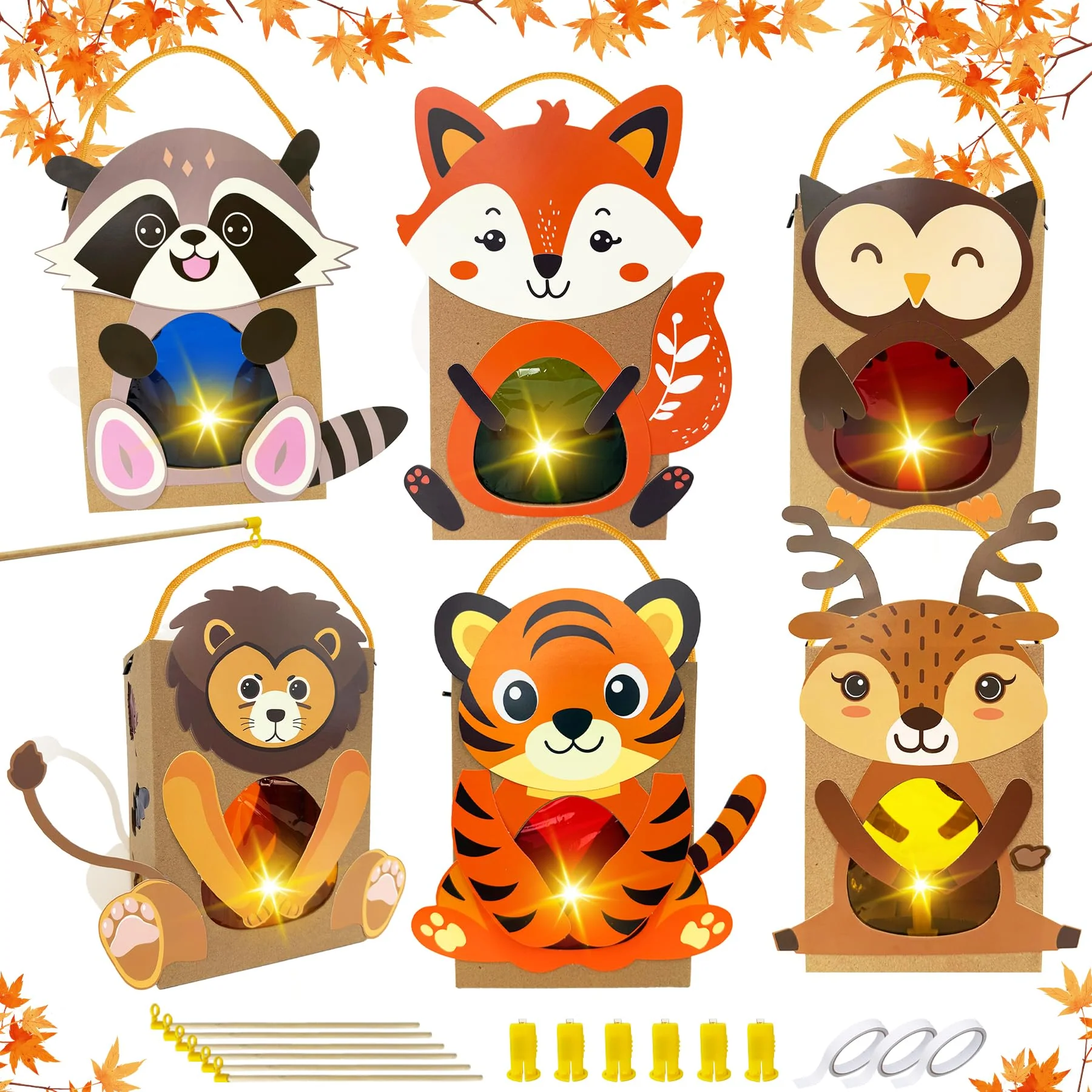Gozuein Laternen Bastelset Kinder 6 Stück – DIY Tierlaternen Fuchs, Eule, Waschbär, Löwe, Tiger, Hirsch mit Laternenstab, Herbst Basteln, St. Martin Umzug, Kreatives Geschenk für Mädchen Jungen