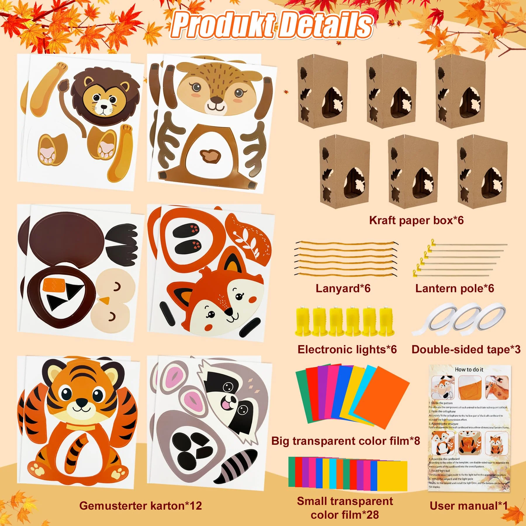 Gozuein Laternen Bastelset Kinder 6 Stück – DIY Tierlaternen Fuchs, Eule, Waschbär, Löwe, Tiger, Hirsch mit Laternenstab, Herbst Basteln, St. Martin Umzug, Kreatives Geschenk für Mädchen Jungen - Image 7