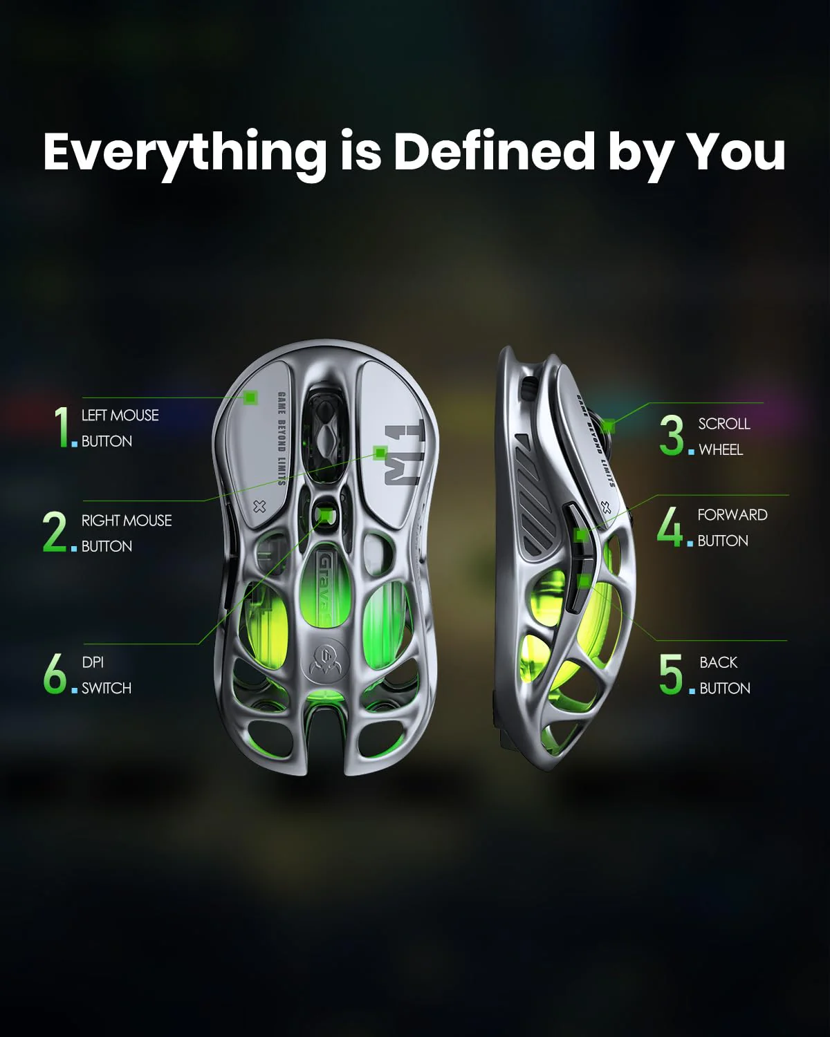 GravaStar Mercury M1 Pro Wireless Gaming Mouse, Magnesium Alloy MMO Gaming Mice, 26000 DPI, 88g Lightweight Hollow Out Design, 5 Programmable Buttons, 5 Dynamic RGB Modes, Gunmetal Grey - Image 2
