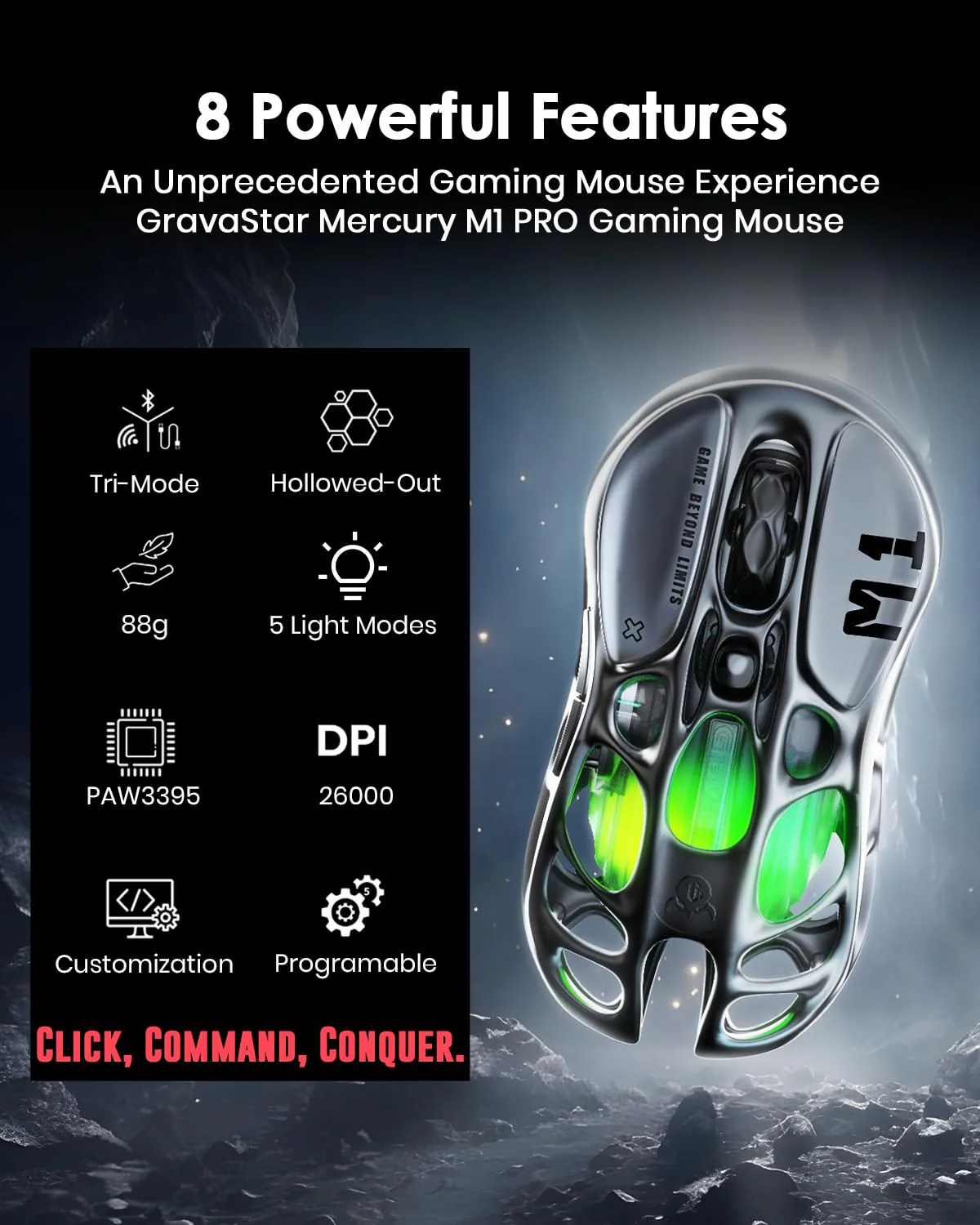 GravaStar Mercury M1 Pro Wireless Gaming Mouse, Magnesium Alloy MMO Gaming Mice, 26000 DPI, 88g Lightweight Hollow Out Design, 5 Programmable Buttons, 5 Dynamic RGB Modes, Gunmetal Grey - Image 3