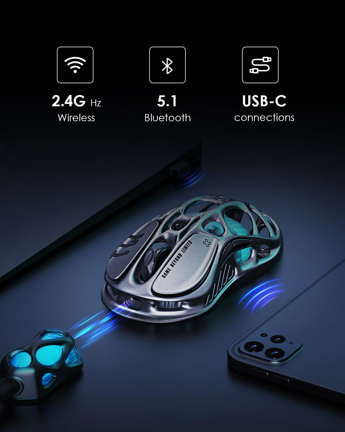 GravaStar Mercury M1 Pro Wireless Gaming Mouse, Magnesium Alloy MMO Gaming Mice, 26000 DPI, 88g Lightweight Hollow Out Design, 5 Programmable Buttons, 5 Dynamic RGB Modes, Gunmetal Grey - Image 7