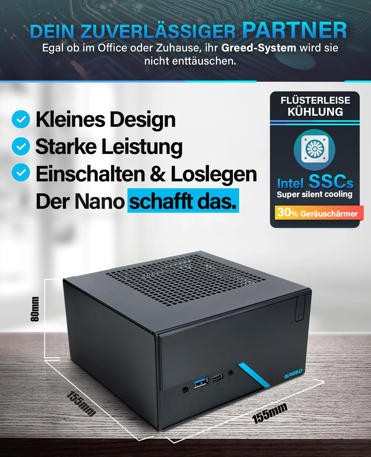 Greed® Nano - Entry Mini PC mit Intel Celeron G5905 - Silent 4K Multimedia Computer + Micro Desktop Rechner für Büro & Office mit 3,5 GHZ - 8GB DDR4 RAM - 512GB SSD - USB 3.2 - WLAN + Win 11 Pro - Image 3