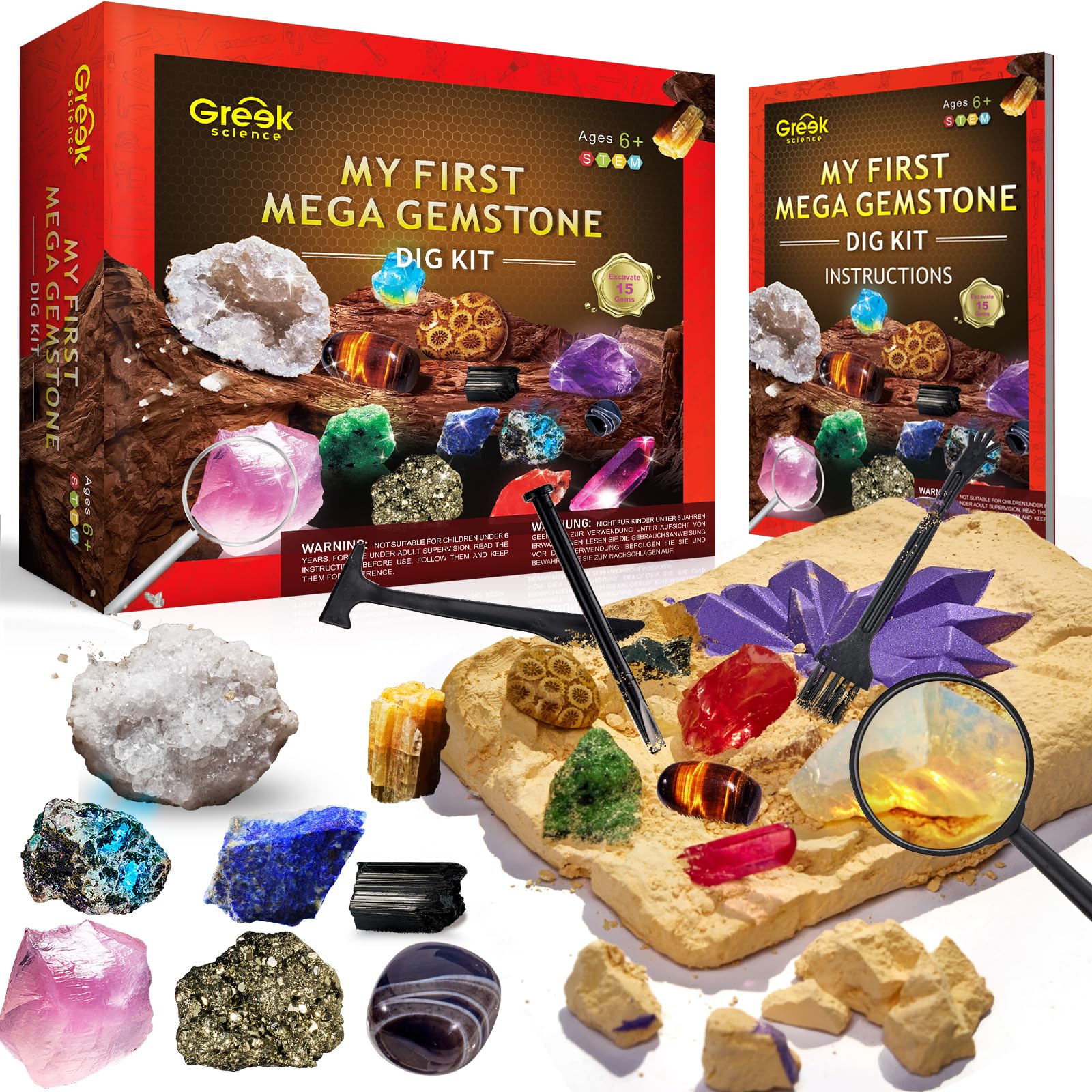 Greek Science Mein erstes Mega ausgrabungsset für Kinder, 15 echte Kristalle und Edelsteine ausgraben, STEM Wissenschaft Spielzeug Geschenk für Jungen und Mädchen