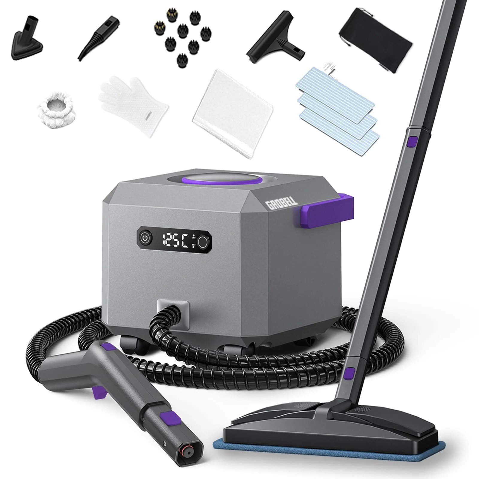 GROBELL Steam Cleaner Dampfreiniger: Schnellaufheizend in 50 Sek., jederzeit nachfüllbar, tragbarer Handdampfreiniger & Steamer Mop für Zuhause, Auto, Bett, Bad, Fliesenfugen, Bodenreinigung, Grey - Image 4