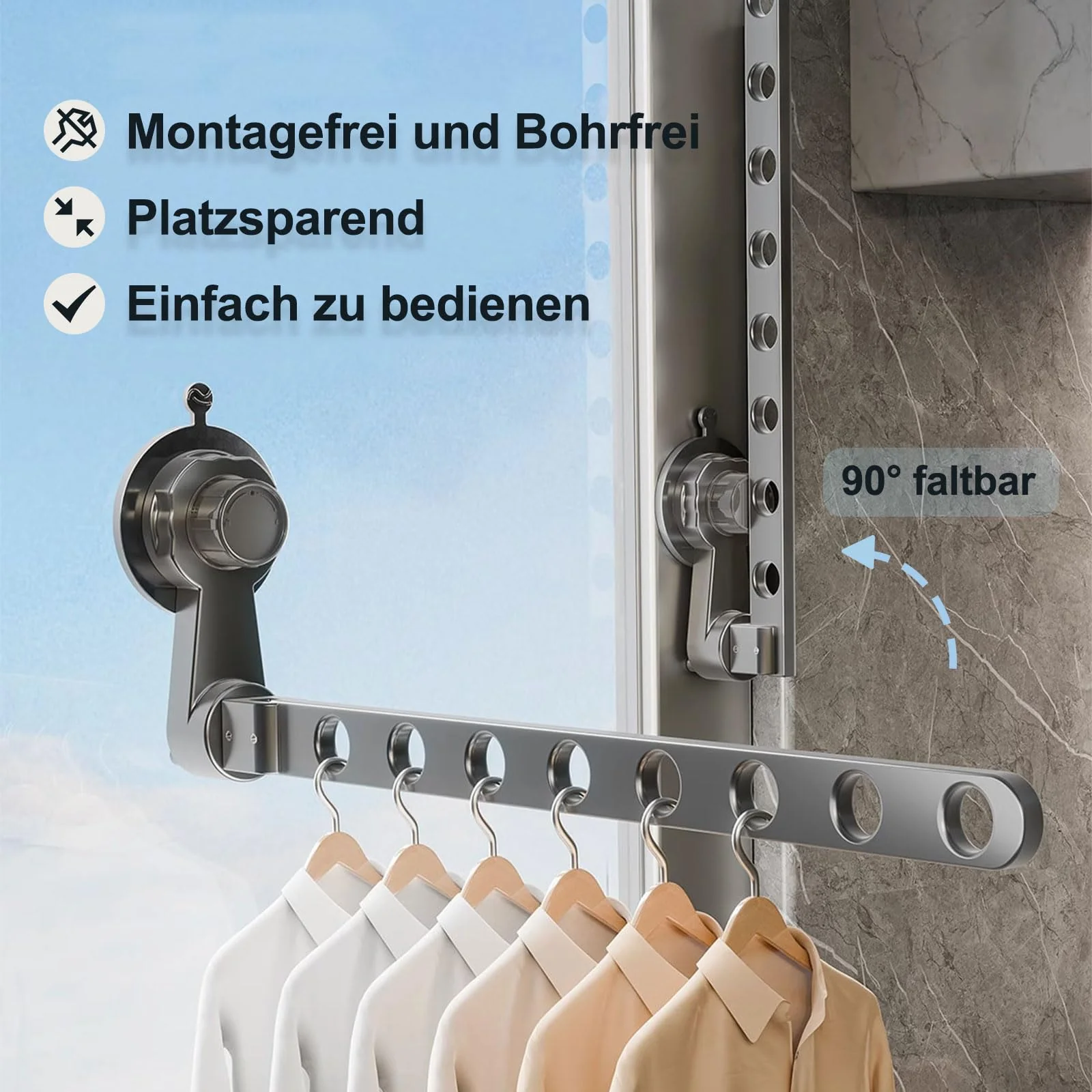 Groyells Verstellbarer Wäscheständer mit Saugnapf, Ausziehbarer Kleiderlüfter aus Aluminium, Wäschetrockner Wand, Wäscheständer Badewanne, Balkon Wäscheständer, für Waschraum, Schlafzimmer, Balkon - Image 4