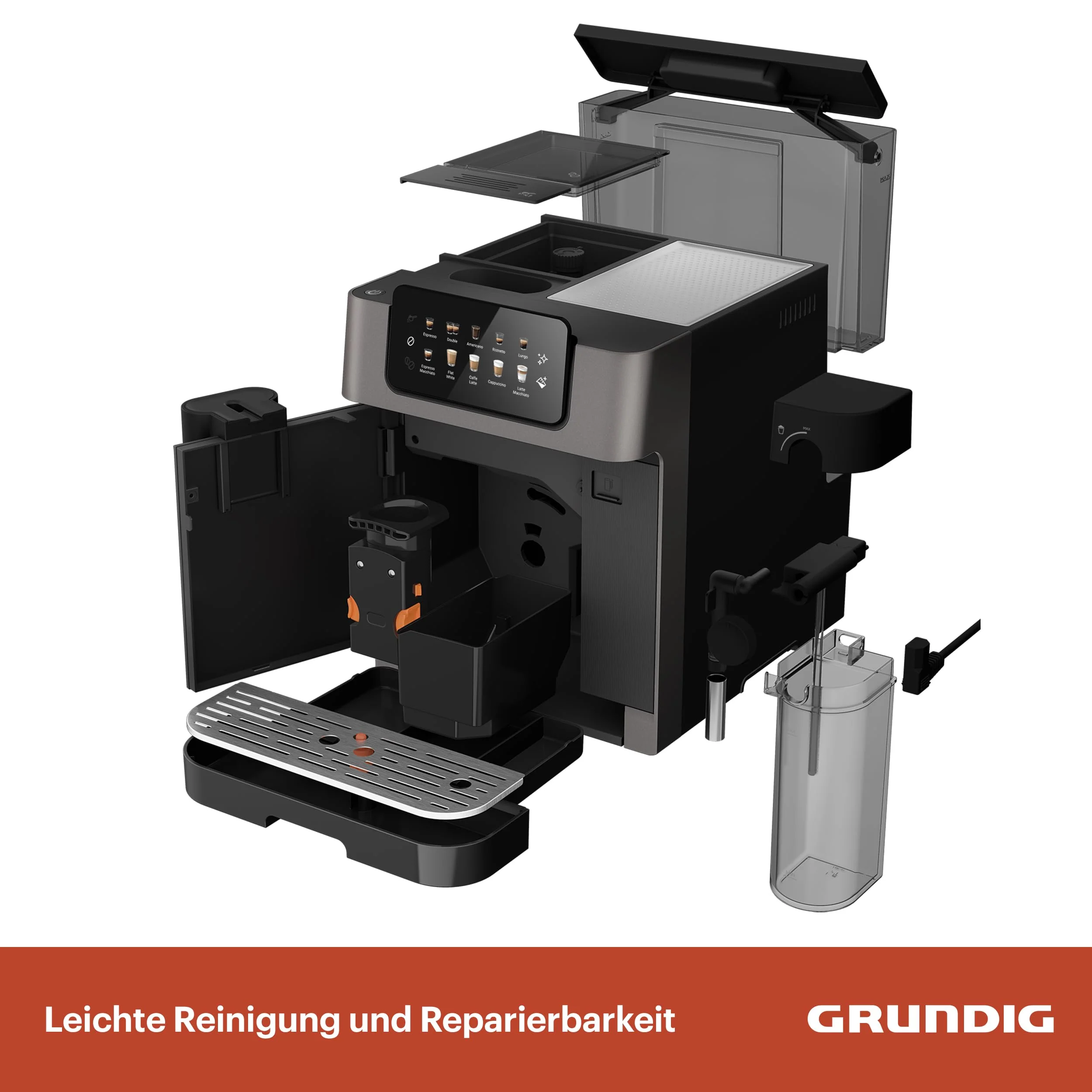 GRUNDIG KVA 7230 Kaffeevollautomat, Kaffeemaschine, 10 Kaffeespezialitäten, 13 Mahlgrade, Milchbehälter, leistungsstark 1350 W, 19 Bar Pumpendruck, Zweifachdüse, Beleuchtung, Schwarz/Dunkelsilber - Image 10
