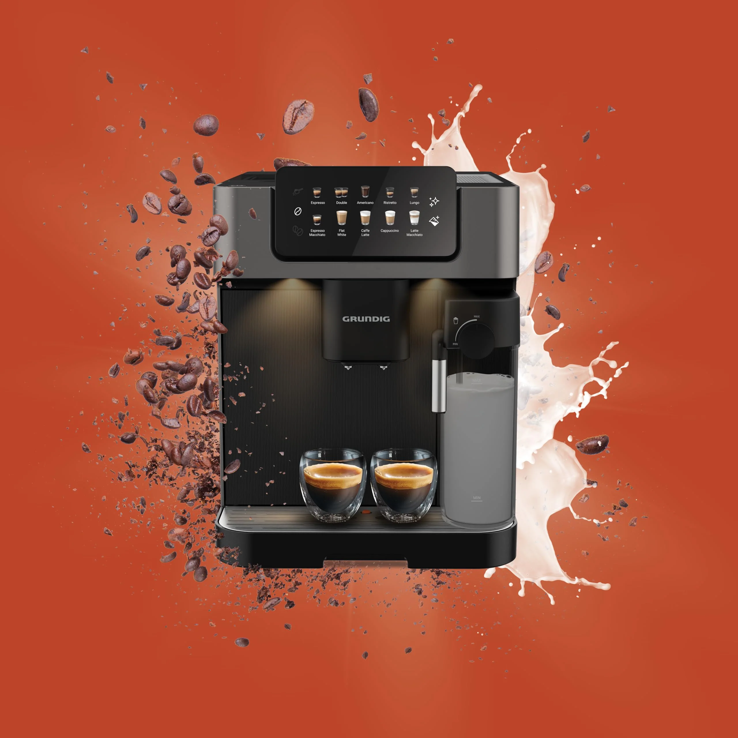 GRUNDIG KVA 7230 Kaffeevollautomat, Kaffeemaschine, 10 Kaffeespezialitäten, 13 Mahlgrade, Milchbehälter, leistungsstark 1350 W, 19 Bar Pumpendruck, Zweifachdüse, Beleuchtung, Schwarz/Dunkelsilber - Image 12