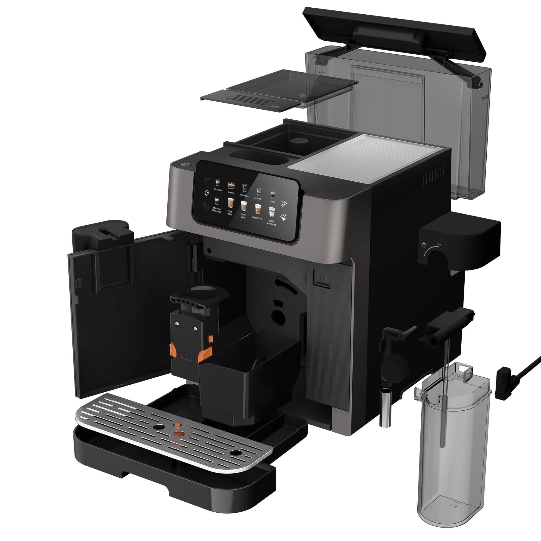 GRUNDIG KVA 7230 Kaffeevollautomat, Kaffeemaschine, 10 Kaffeespezialitäten, 13 Mahlgrade, Milchbehälter, leistungsstark 1350 W, 19 Bar Pumpendruck, Zweifachdüse, Beleuchtung, Schwarz/Dunkelsilber - Image 5