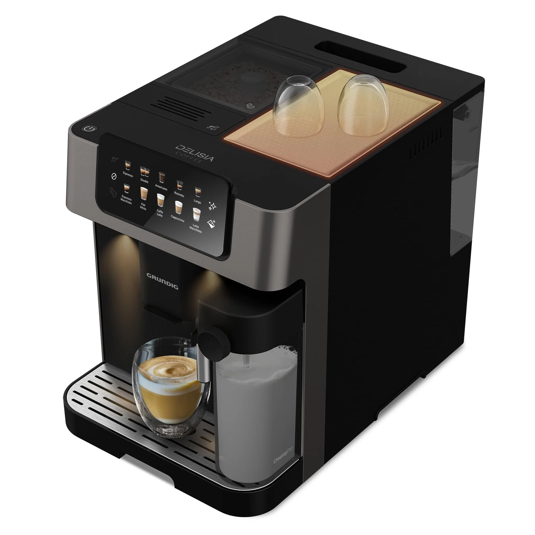 GRUNDIG KVA 7230 Kaffeevollautomat, Kaffeemaschine, 10 Kaffeespezialitäten, 13 Mahlgrade, Milchbehälter, leistungsstark 1350 W, 19 Bar Pumpendruck, Zweifachdüse, Beleuchtung, Schwarz/Dunkelsilber - Image 6