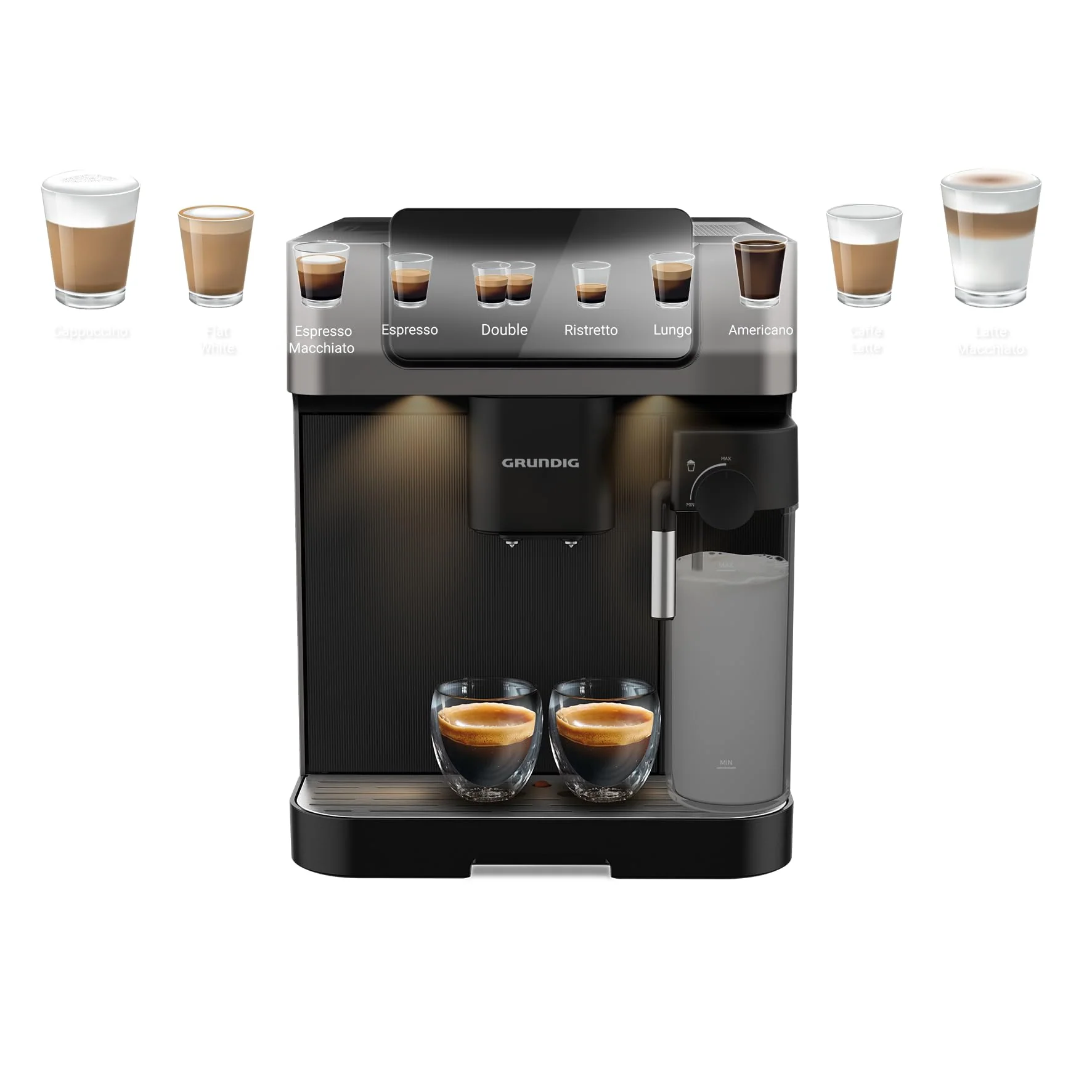 GRUNDIG KVA 7230 Kaffeevollautomat, Kaffeemaschine, 10 Kaffeespezialitäten, 13 Mahlgrade, Milchbehälter, leistungsstark 1350 W, 19 Bar Pumpendruck, Zweifachdüse, Beleuchtung, Schwarz/Dunkelsilber - Image 7