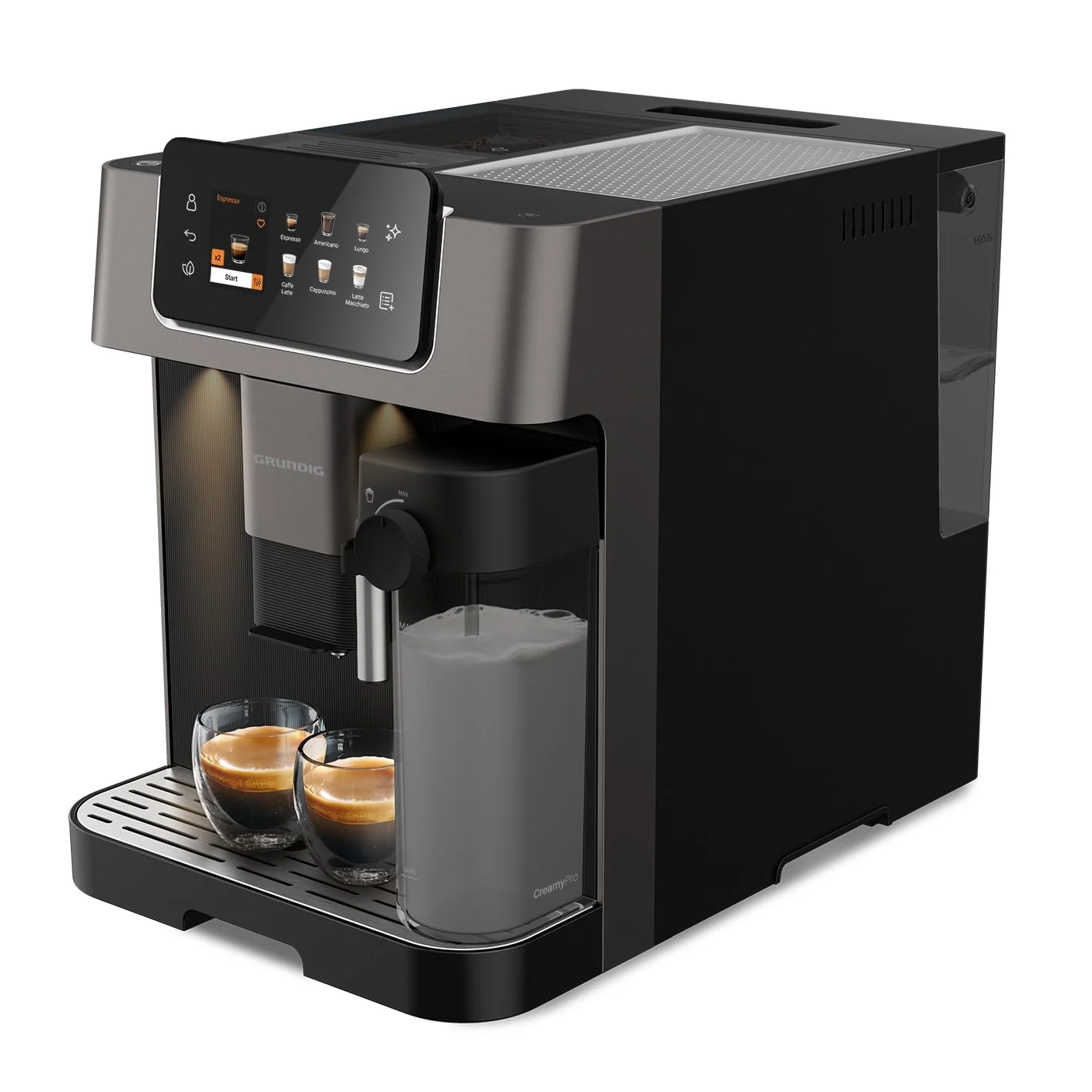 Grundig KVA 8230 Kaffeevollautomat, Kaffeemaschine, 18 Kaffeespezialitäten, 13 Mahlgrade, Milchbehälter, leistungsstark 1350 W, 19 Bar Pumpendruck, Zweifachdüse, Beleuchtung, Schwarz/Dunkelsilber - Image 9
