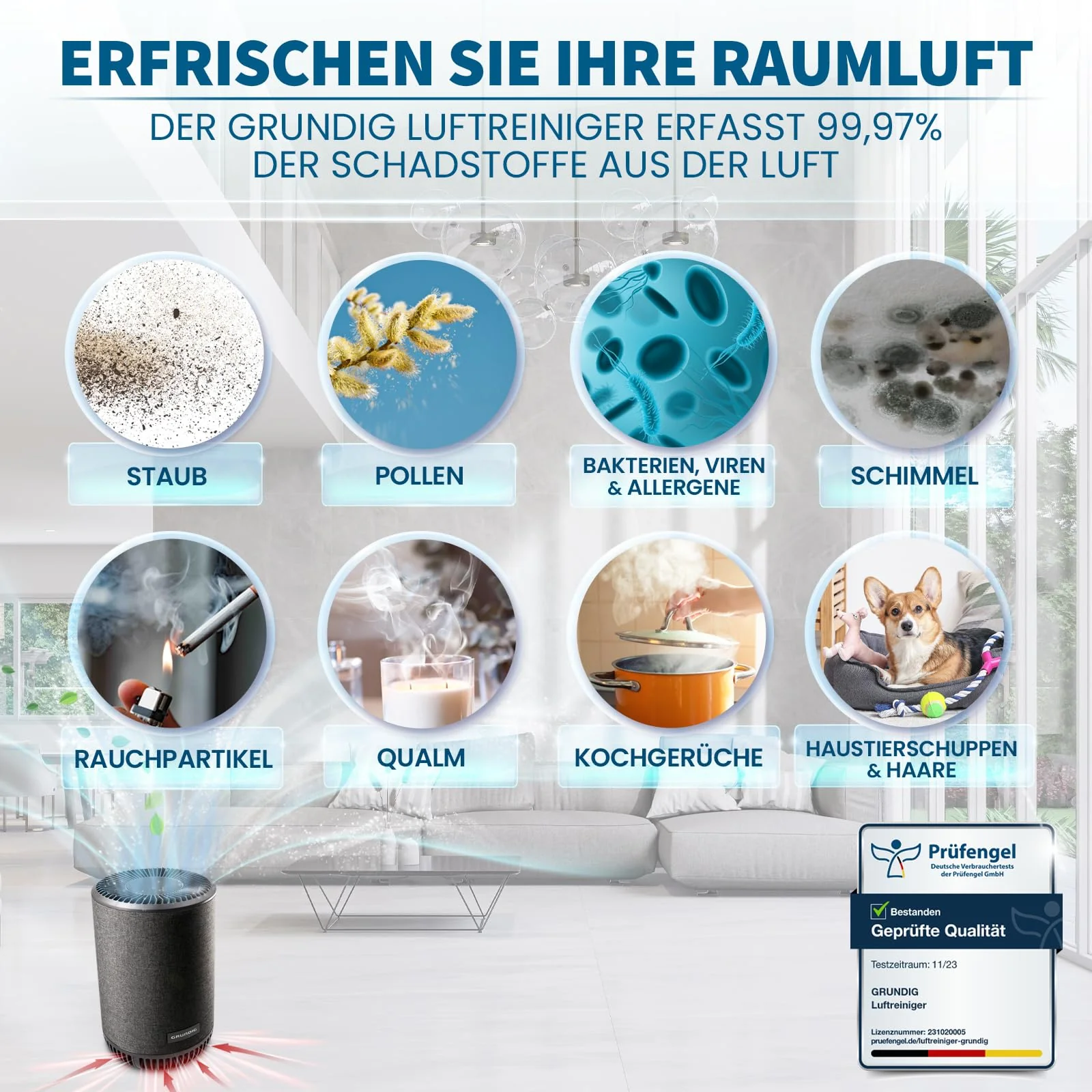 Grundig Luftreiniger Allergiker Air Purifier - Extra leise Hepa Filter + AKTIVKOHLEFILTER filtert 99,9% Schimmel Staub Pollen Viren Raucherzimmer, Luftqualitätsanzeige - 49m2 (Luftreiniger) - Image 4
