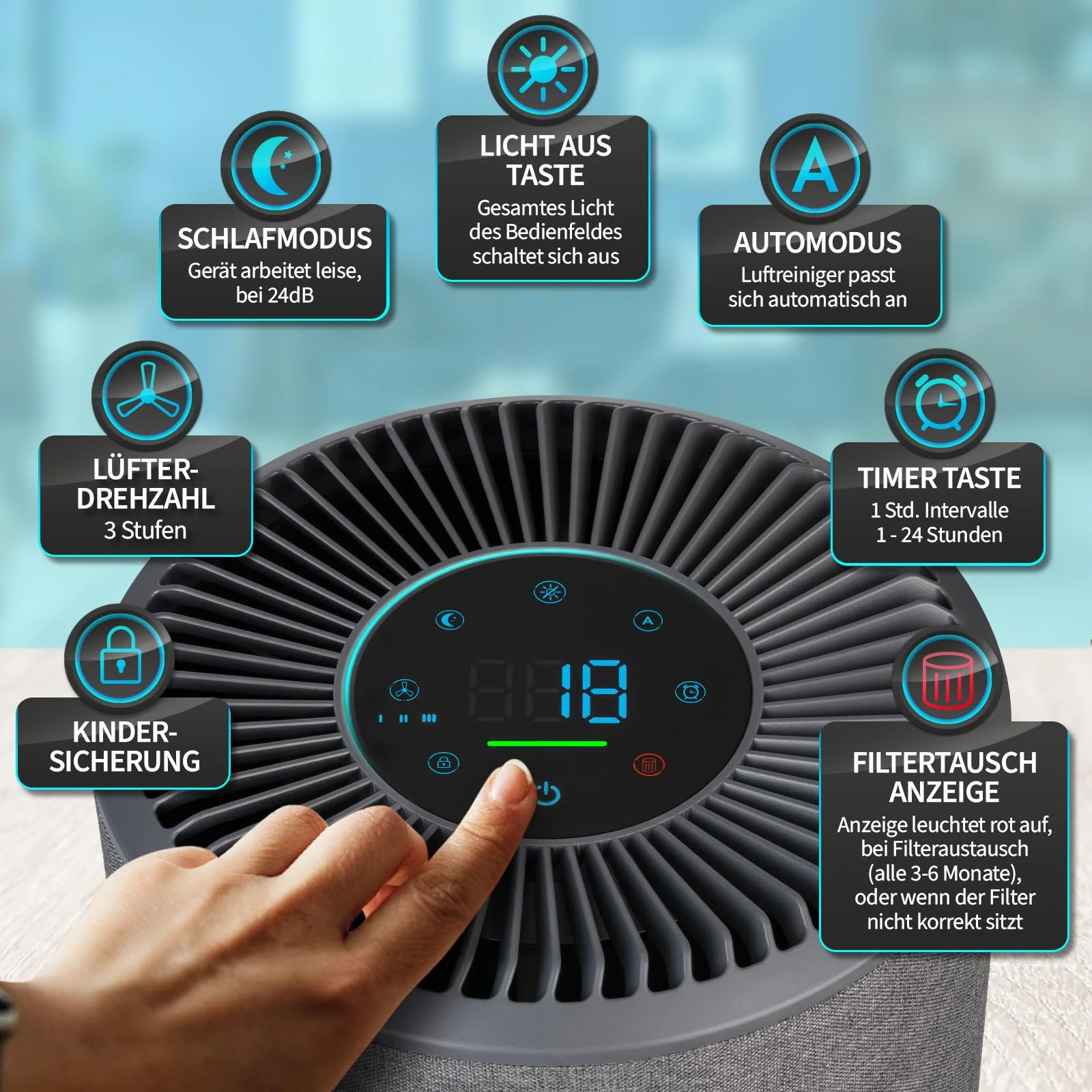Grundig Luftreiniger Allergiker Air Purifier - Extra leise Hepa Filter + AKTIVKOHLEFILTER filtert 99,9% Schimmel Staub Pollen Viren Raucherzimmer, Luftqualitätsanzeige - 49m2 (Luftreiniger) - Image 7