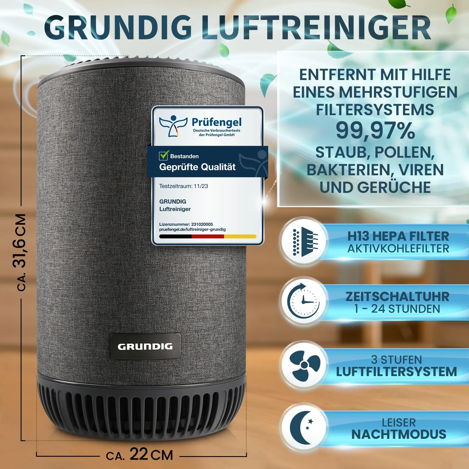 Grundig Luftreiniger Allergiker Air Purifier - Extra leise Hepa Filter + AKTIVKOHLEFILTER filtert 99,9% Schimmel Staub Pollen Viren Raucherzimmer, Luftqualitätsanzeige - 49m2 (Luftreiniger) - Image 9