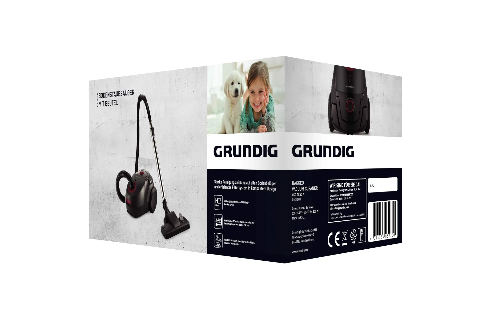 Grundig, VCC 3850 A Bodenstaubsauger mit Beutel, 800W, 2,1 L, Schwarz/Rot - Image 6