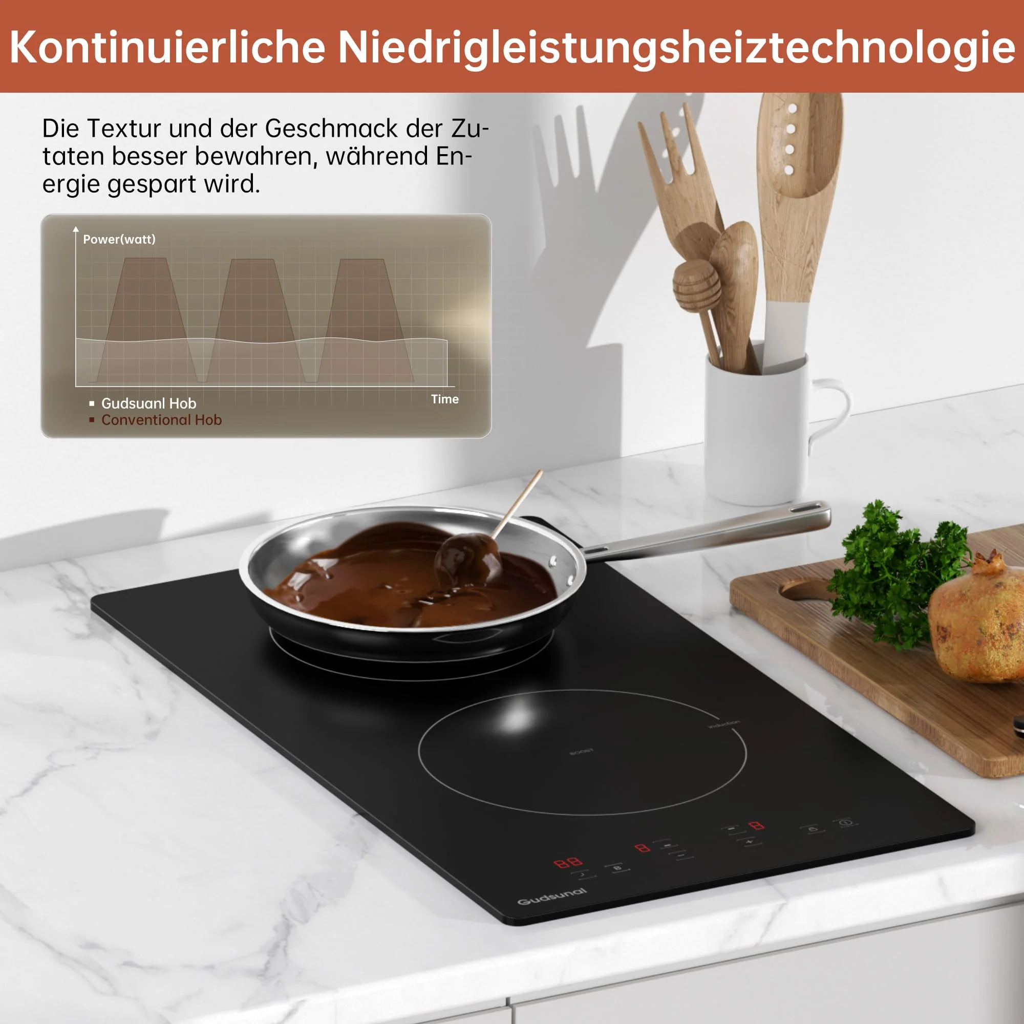 Gudsunal Induktionskochfeld, Kochfeld 2 Platten Einbau, 3600 W, kontinuierliche Niedrigleistungsheizung, Booster, 9 Leistungsstufen, Timer, automatische Abschaltung, Kindersicherung, Topferkennung - Image 2