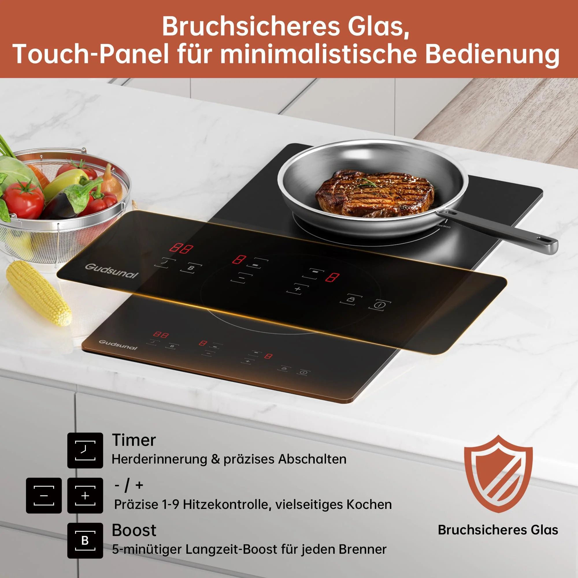 Gudsunal Induktionskochfeld, Kochfeld 2 Platten Einbau, 3600 W, kontinuierliche Niedrigleistungsheizung, Booster, 9 Leistungsstufen, Timer, automatische Abschaltung, Kindersicherung, Topferkennung - Image 5