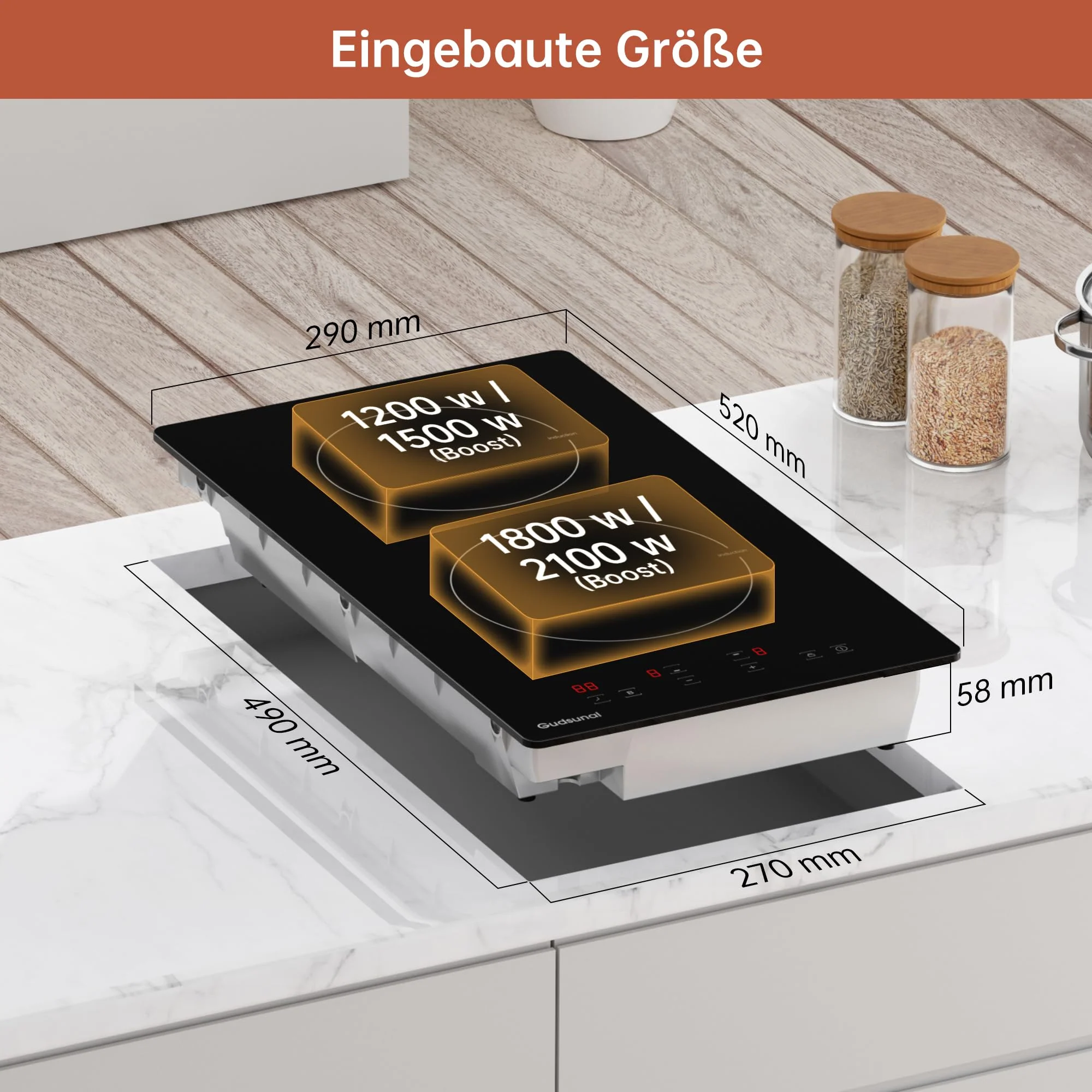 Gudsunal Induktionskochfeld, Kochfeld 2 Platten Einbau, 3600 W, kontinuierliche Niedrigleistungsheizung, Booster, 9 Leistungsstufen, Timer, automatische Abschaltung, Kindersicherung, Topferkennung - Image 6